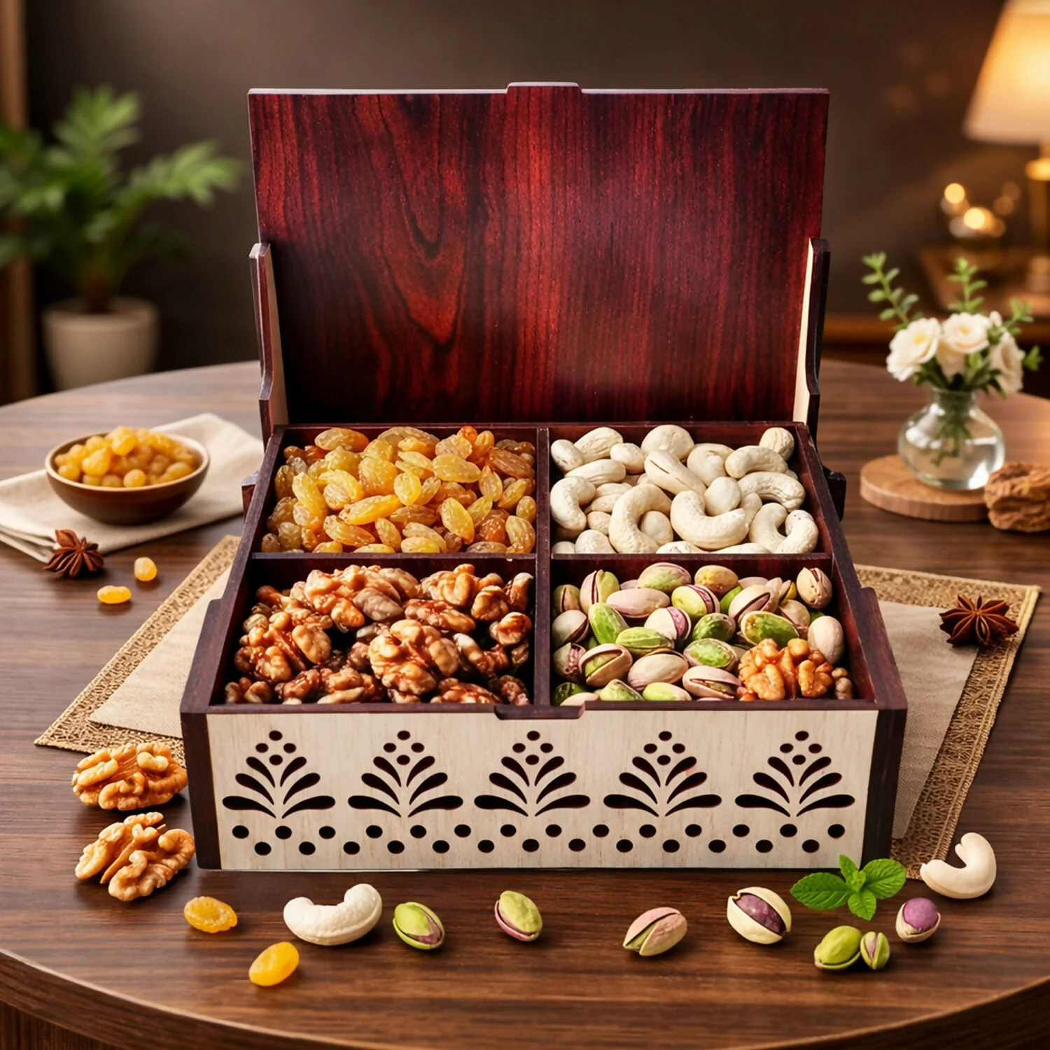 Elegant 4 Section Wooden Dry Fruit Storage Box with Laser Cut Designer Lid - Image 3
