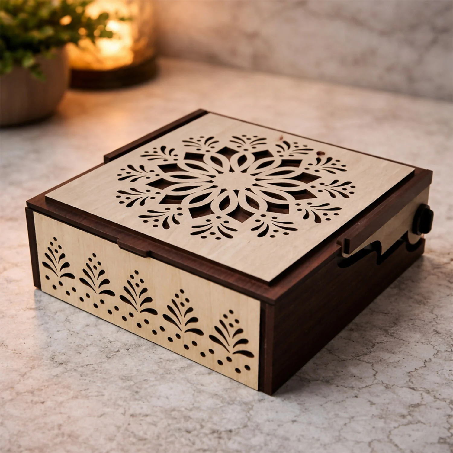 Elegant 4 Section Wooden Dry Fruit Storage Box with Laser Cut Designer Lid - Image 4