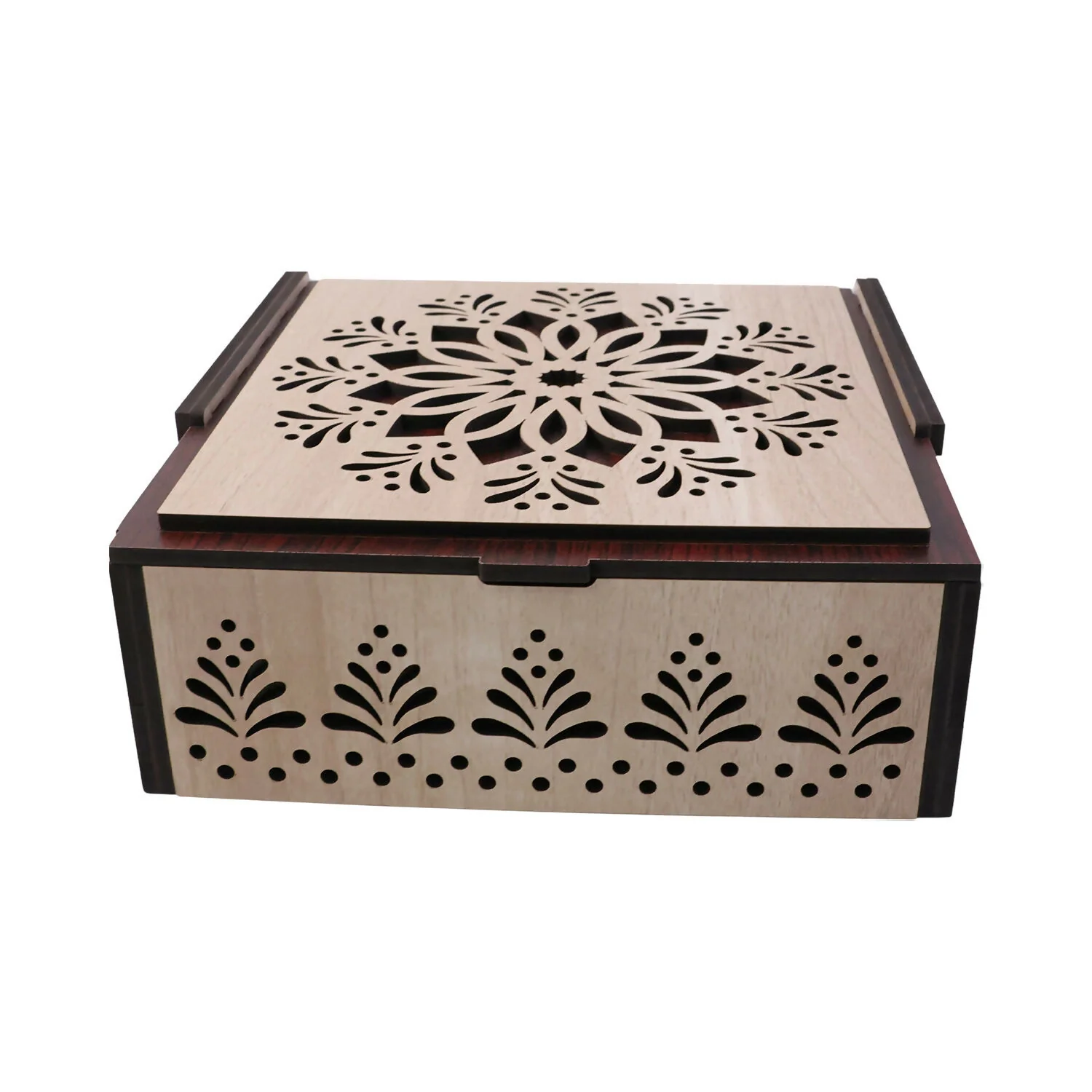 Elegant 4 Section Wooden Dry Fruit Storage Box with Laser Cut Designer Lid - Image 5