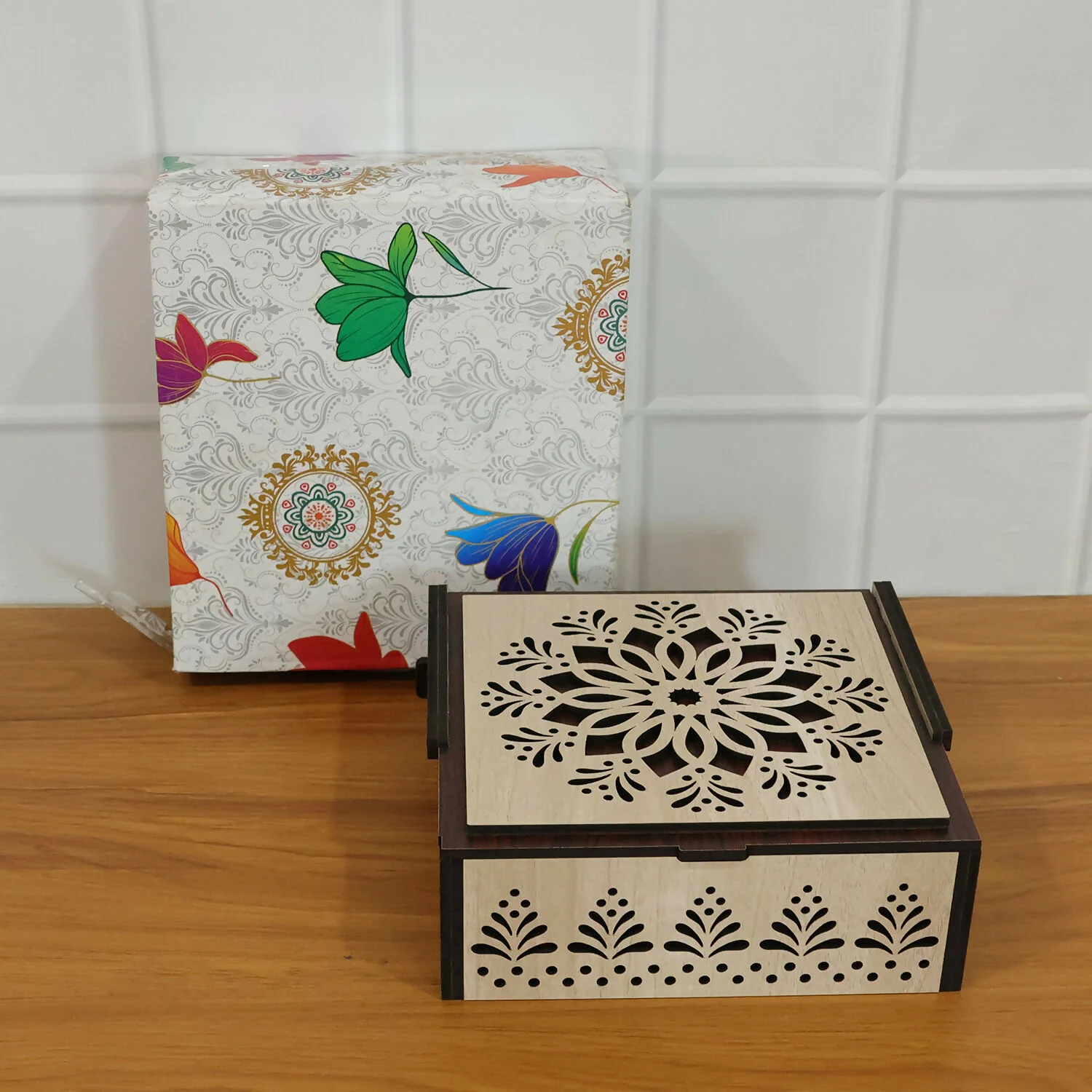 Elegant 4 Section Wooden Dry Fruit Storage Box with Laser Cut Designer Lid - Image 6