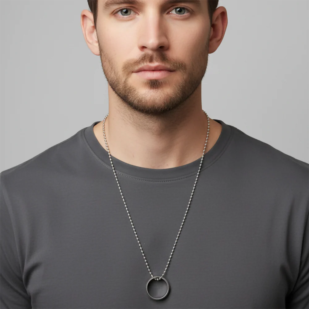 Elegant Big Silver Round Shape Pendant Necklace for Men - Image 2