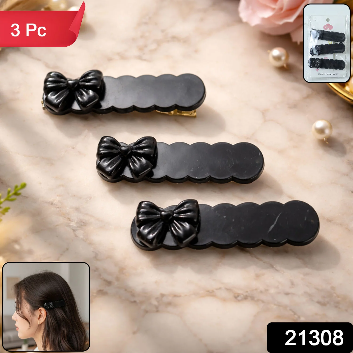 Elegant Black Bow Decorative Hair Clips (3 Pc) - Image 2