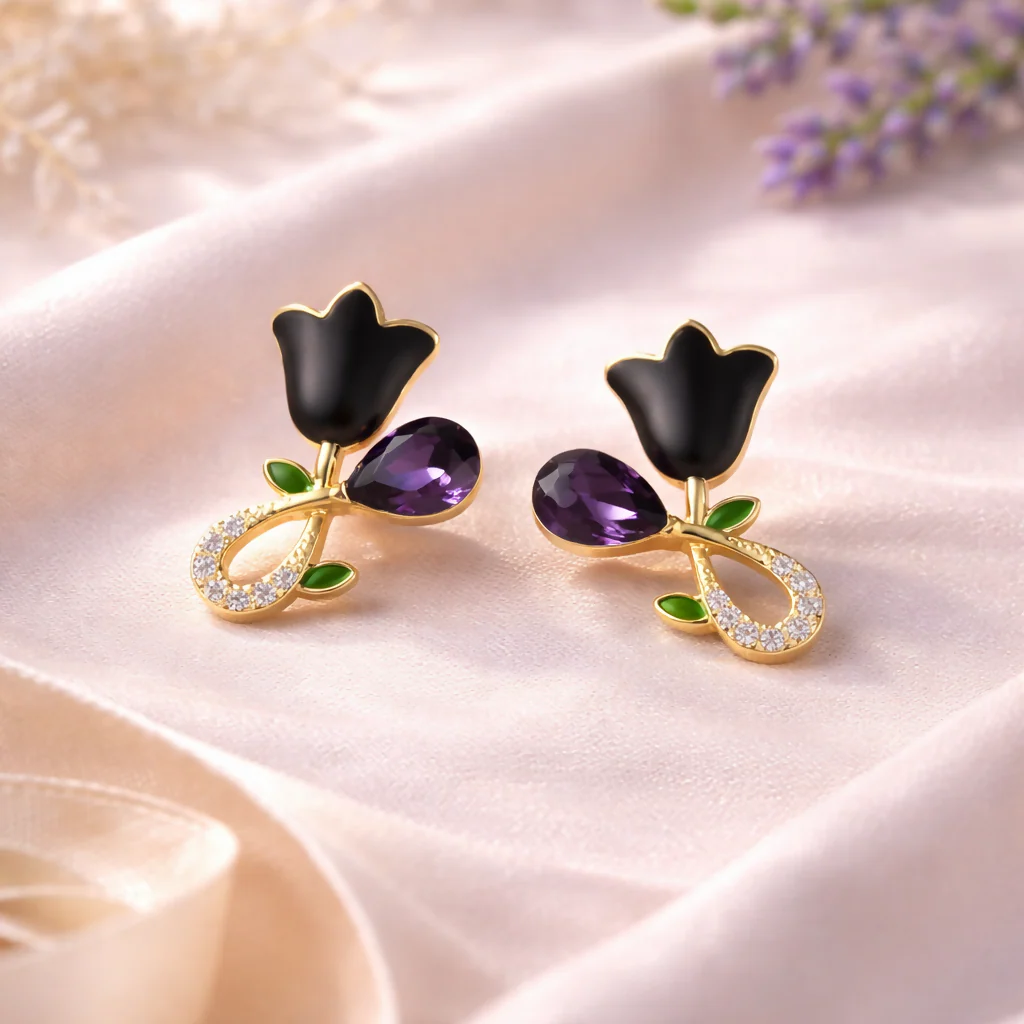Elegant Black Floral Stud Earrings for Women | Gold Plated Crystal Drop Design - Image 3