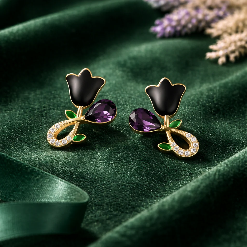 Elegant Black Floral Stud Earrings for Women | Gold Plated Crystal Drop Design - Image 4