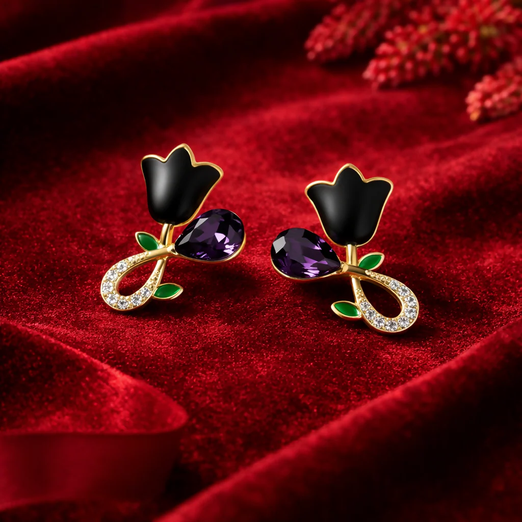 Elegant Black Floral Stud Earrings for Women | Gold Plated Crystal Drop Design - Image 5