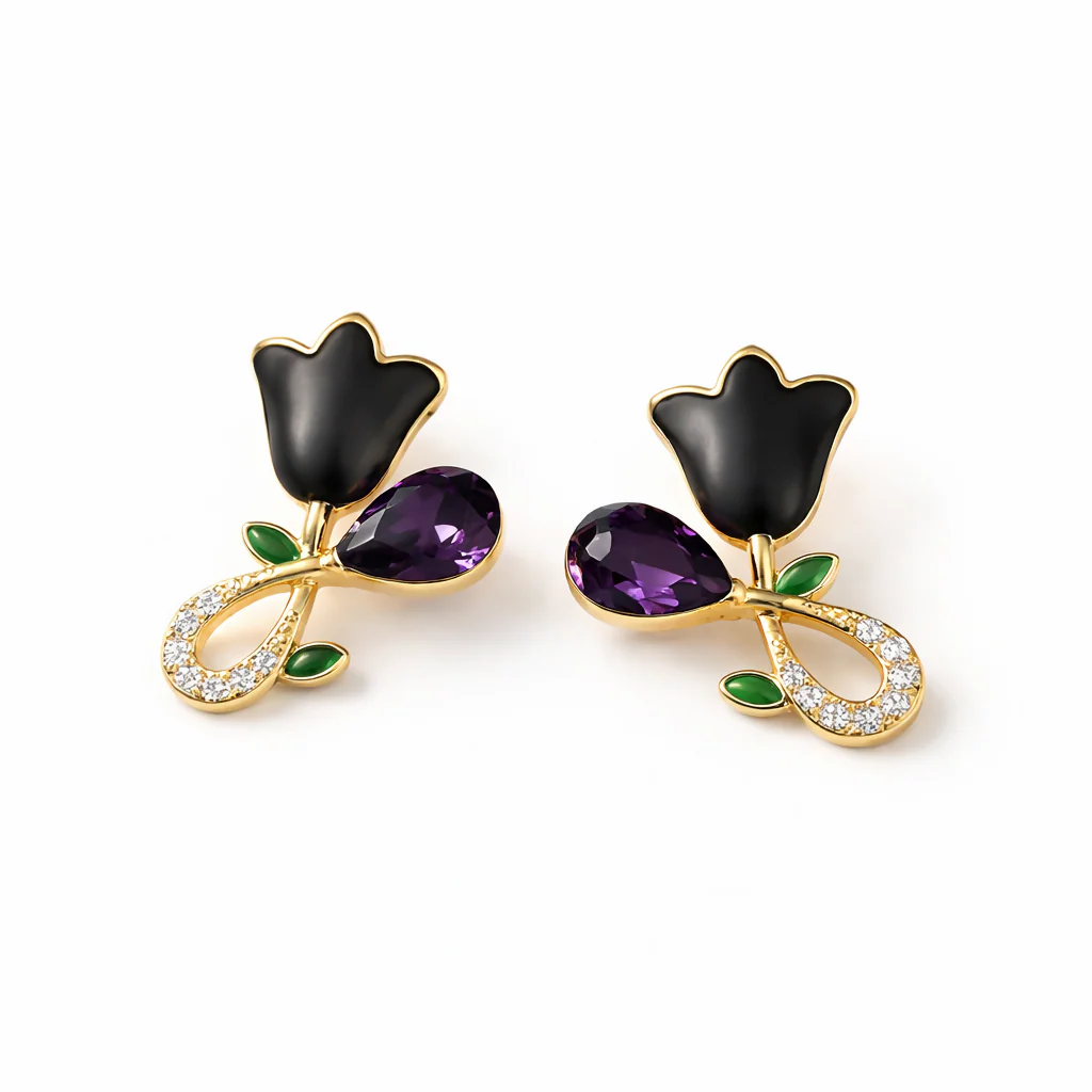 Elegant Black Floral Stud Earrings for Women | Gold Plated Crystal Drop Design - Image 6