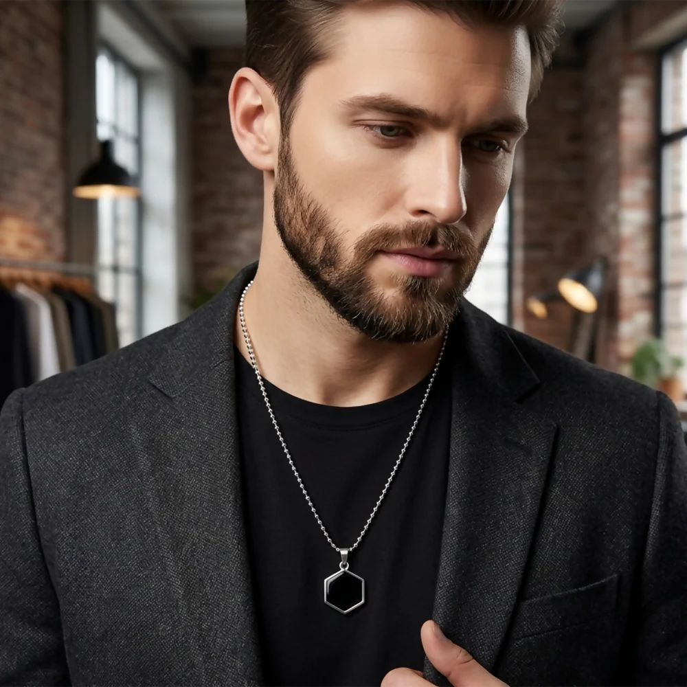 Elegant Black Onyx Hexagon Pendant Necklace Minimalist Chain Jewelry - Image 2