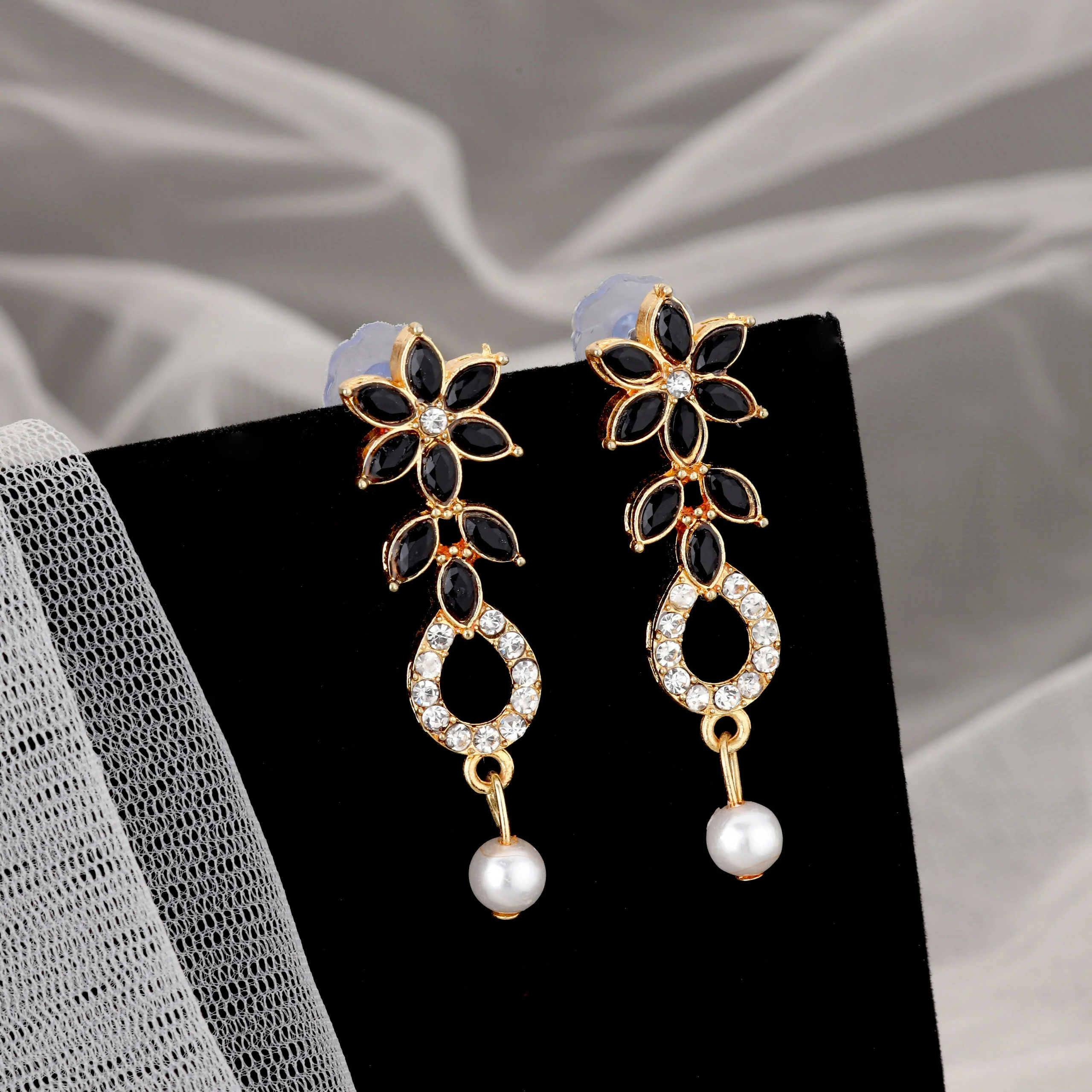 Elegant Black & White Crystal Flower Necklace Set with Pearl Drop - Image 2