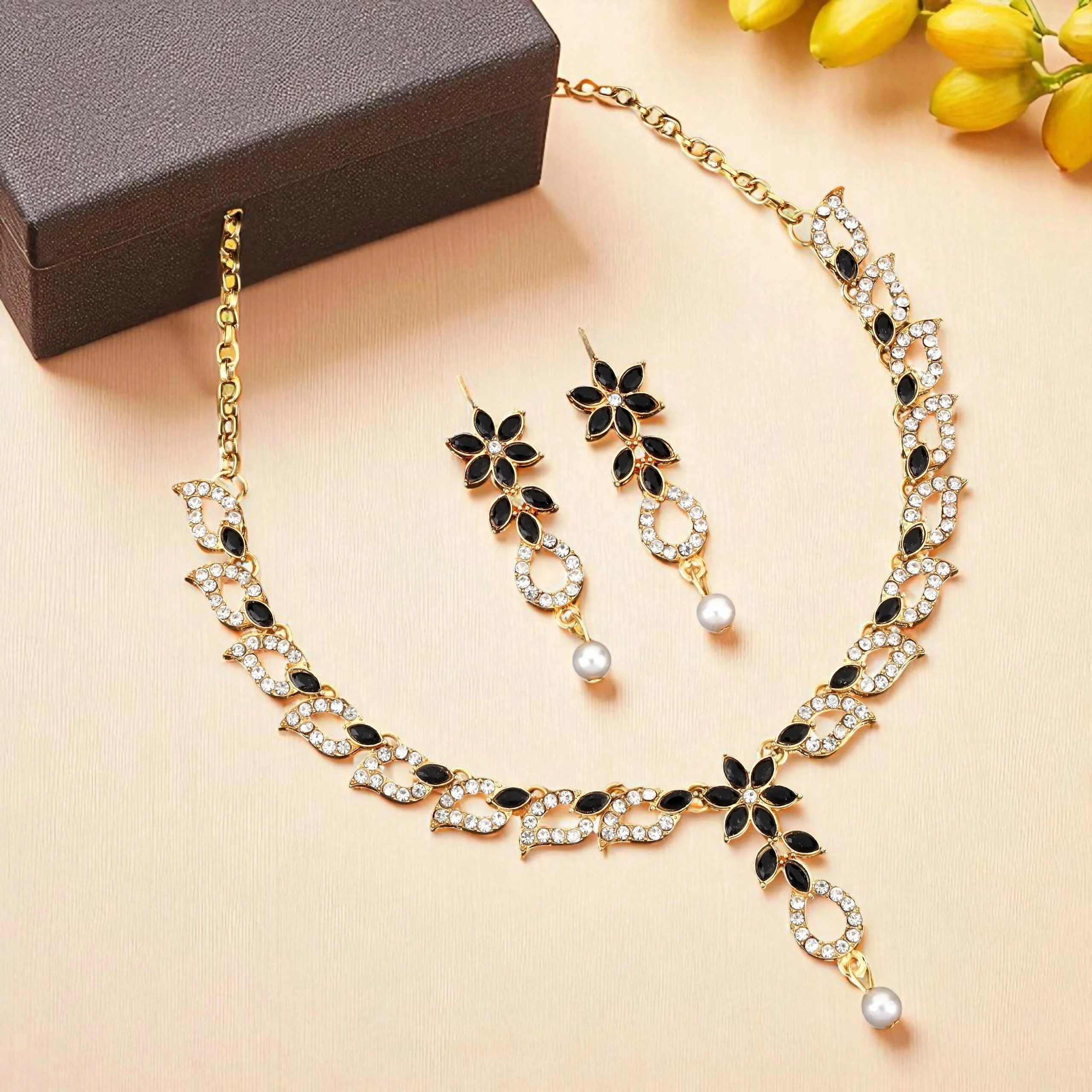 Elegant Black & White Crystal Flower Necklace Set with Pearl Drop - Image 3
