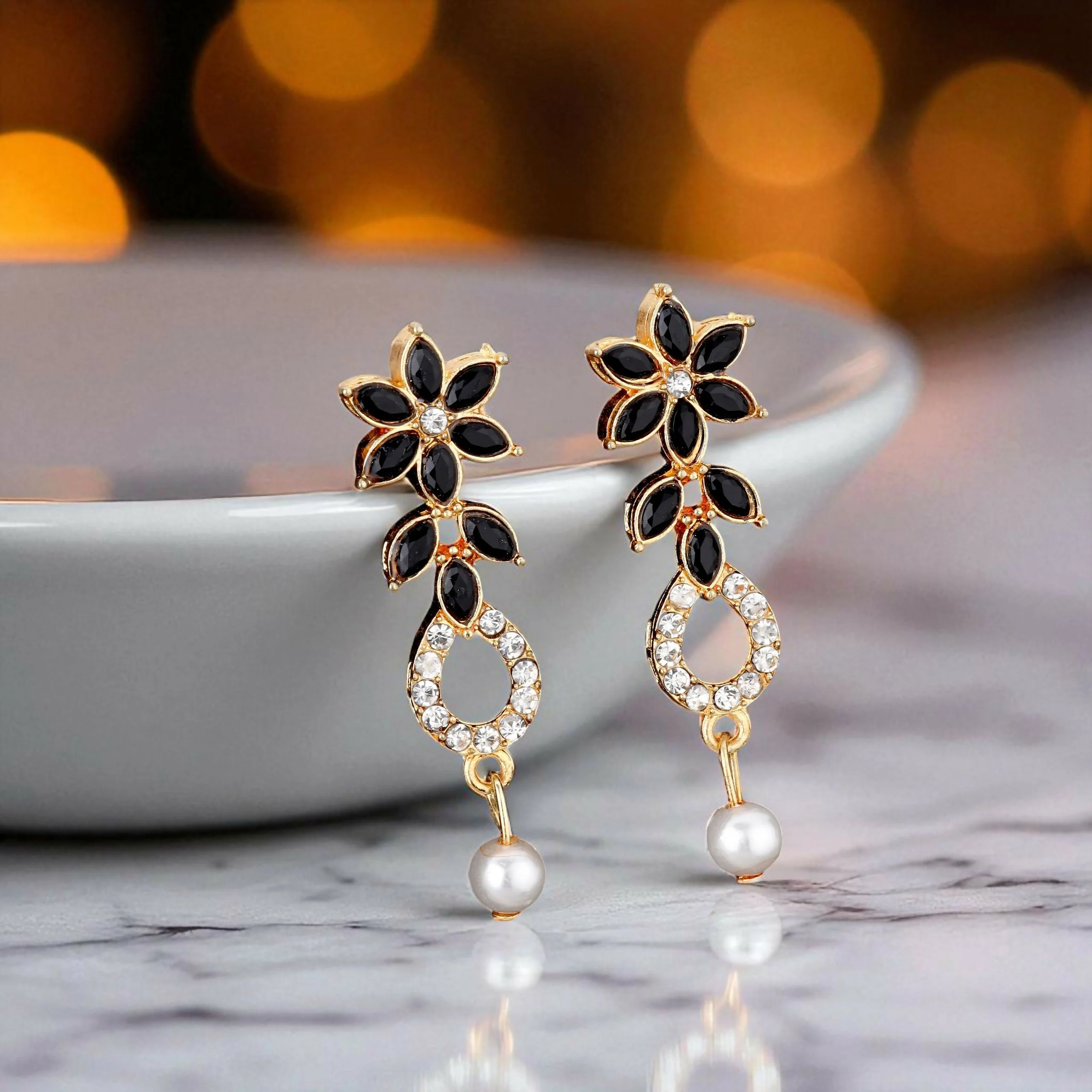 Elegant Black & White Crystal Flower Necklace Set with Pearl Drop - Image 4
