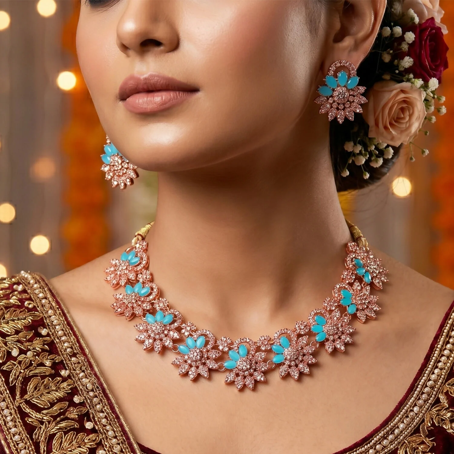 Elegant Blue Stone Floral Necklace Set with Matching Earrings for Women - Image 2
