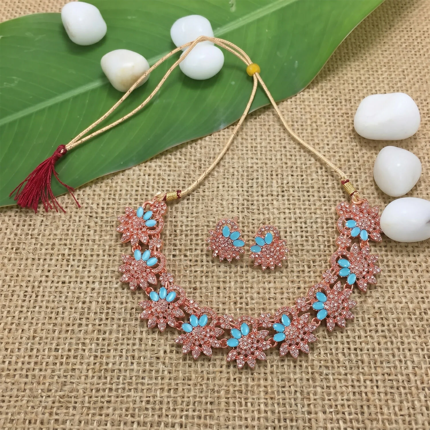 Elegant Blue Stone Floral Necklace Set with Matching Earrings for Women - Image 3