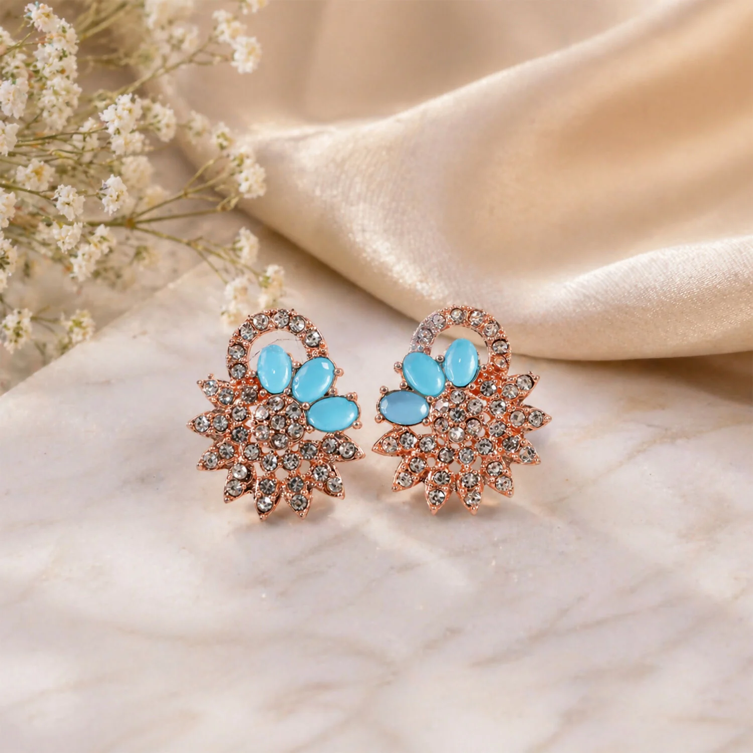 Elegant Blue Stone Floral Necklace Set with Matching Earrings for Women - Image 4