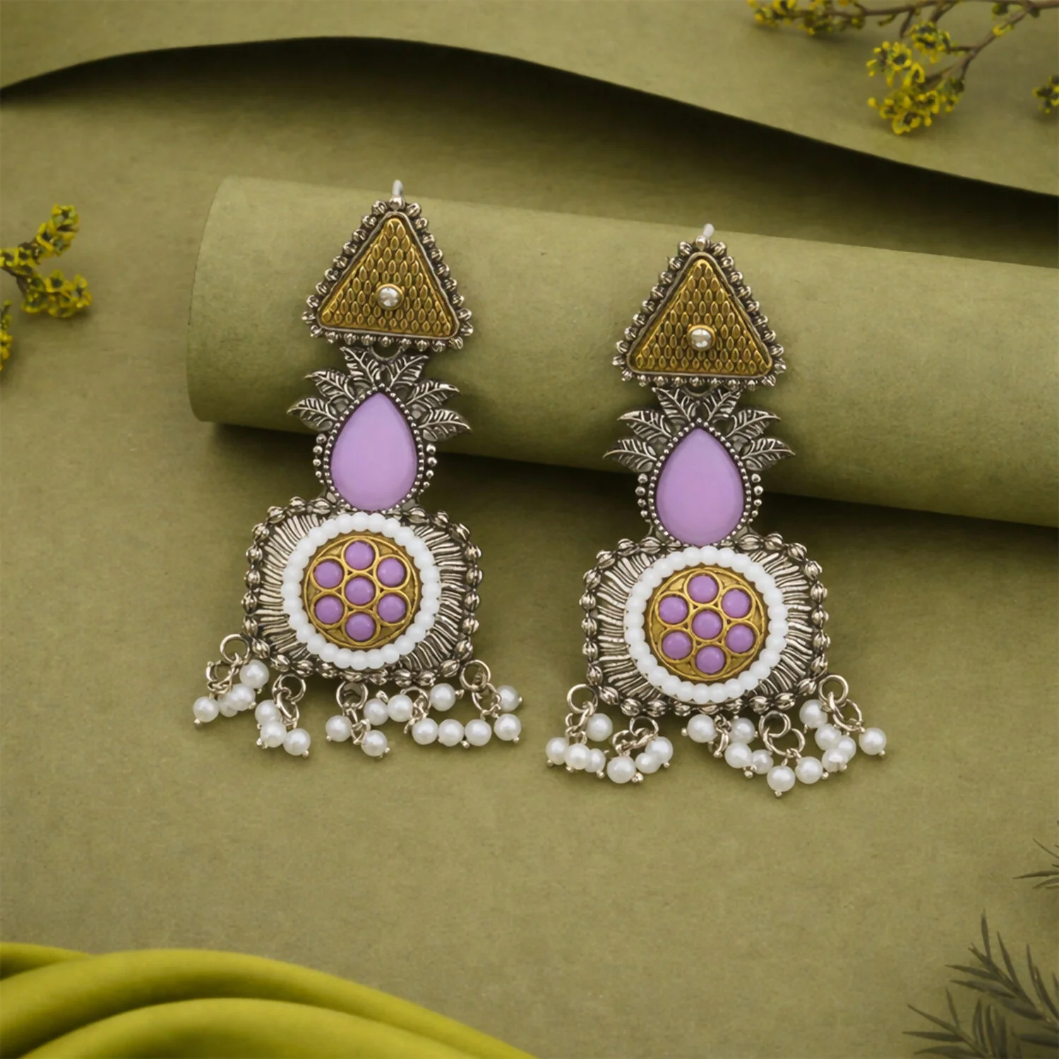 Elegant Blush Pink & Pearl Embellished Statement Drop Earrings with Antique Silver Finish and Intricate Floral Filigree Design - Image 2