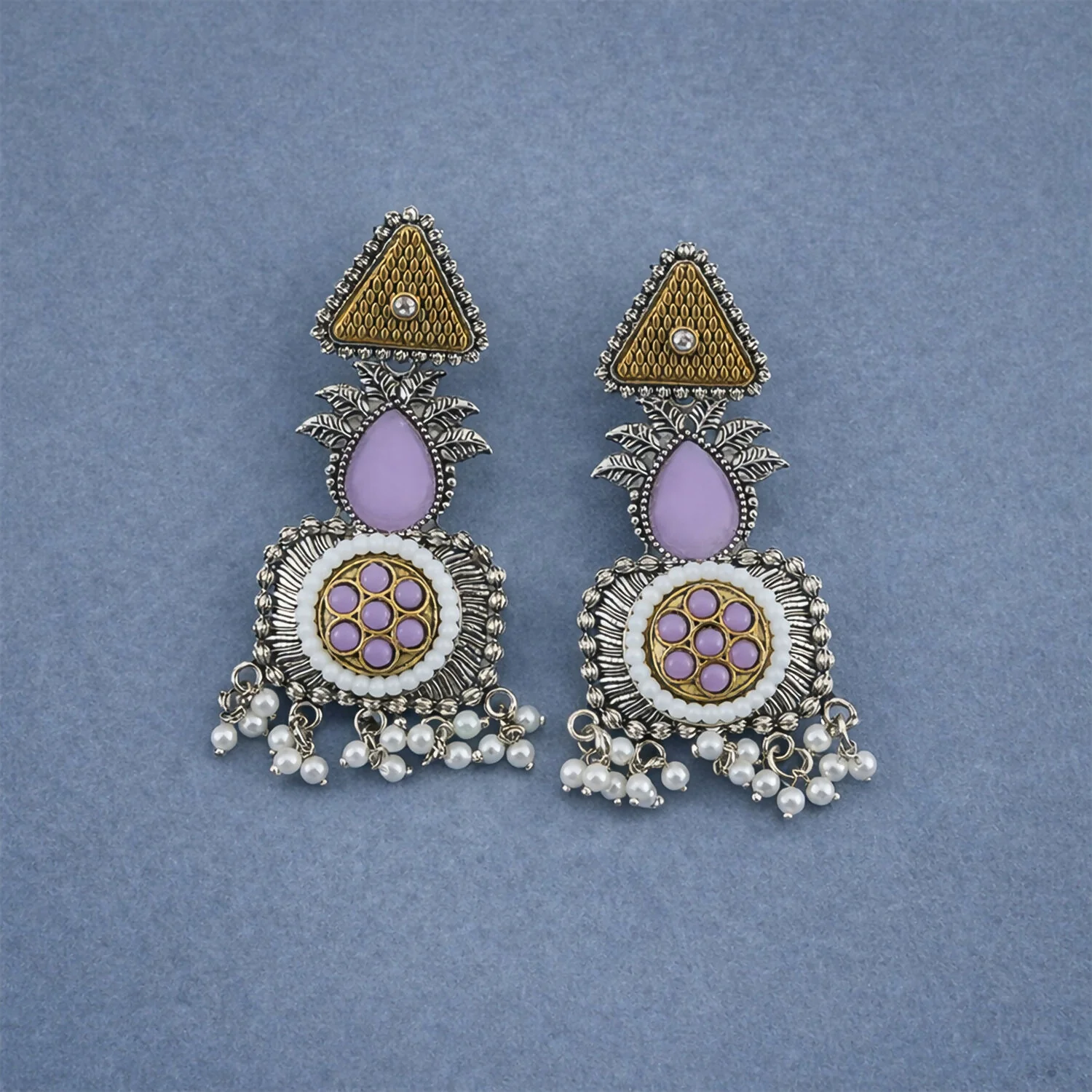 Elegant Blush Pink & Pearl Embellished Statement Drop Earrings with Antique Silver Finish and Intricate Floral Filigree Design - Image 3