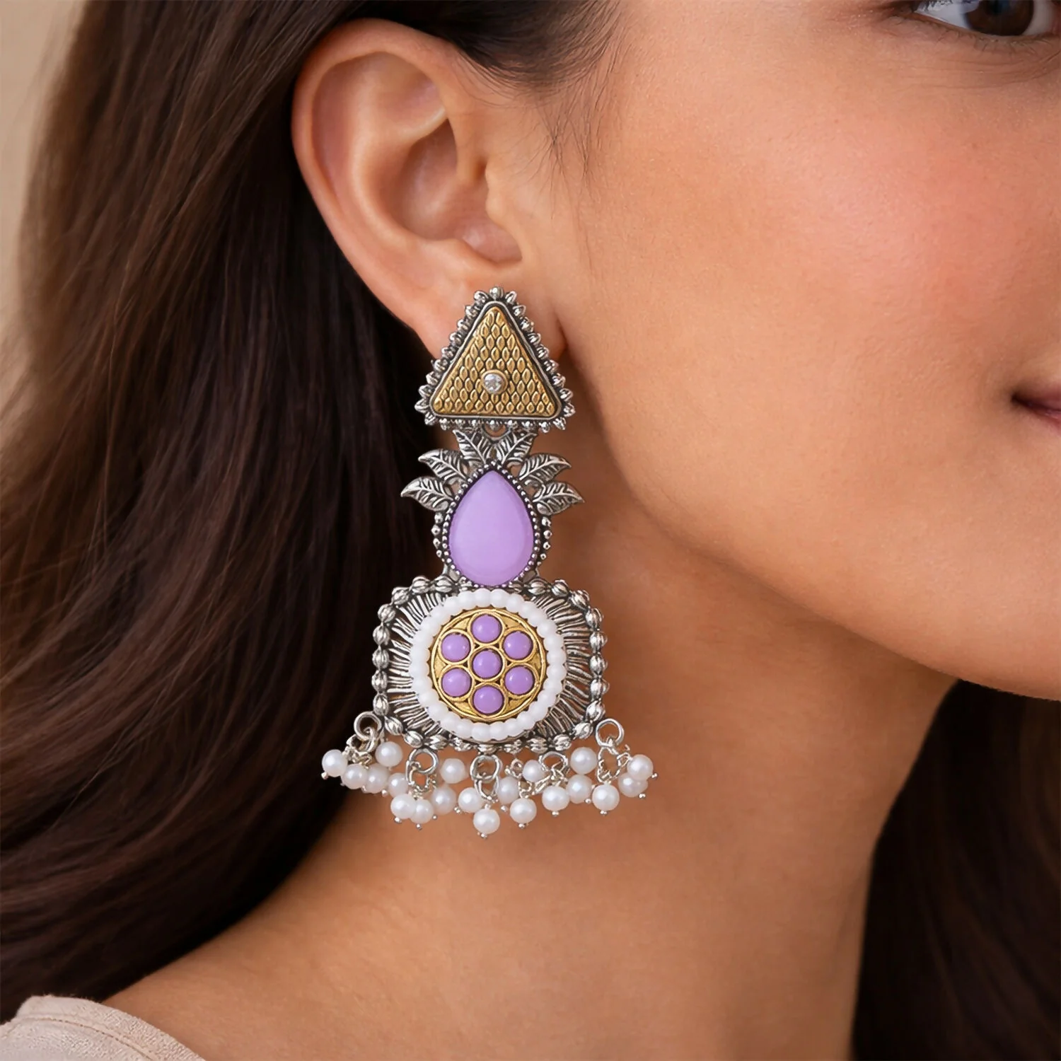 Elegant Blush Pink & Pearl Embellished Statement Drop Earrings with Antique Silver Finish and Intricate Floral Filigree Design - Image 4