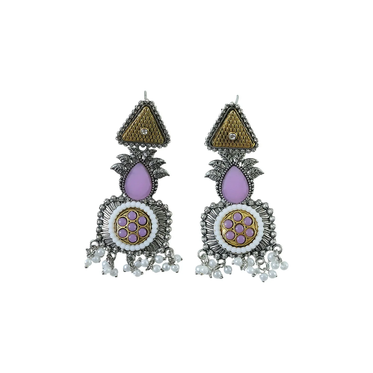Elegant Blush Pink & Pearl Embellished Statement Drop Earrings with Antique Silver Finish and Intricate Floral Filigree Design - Image 5