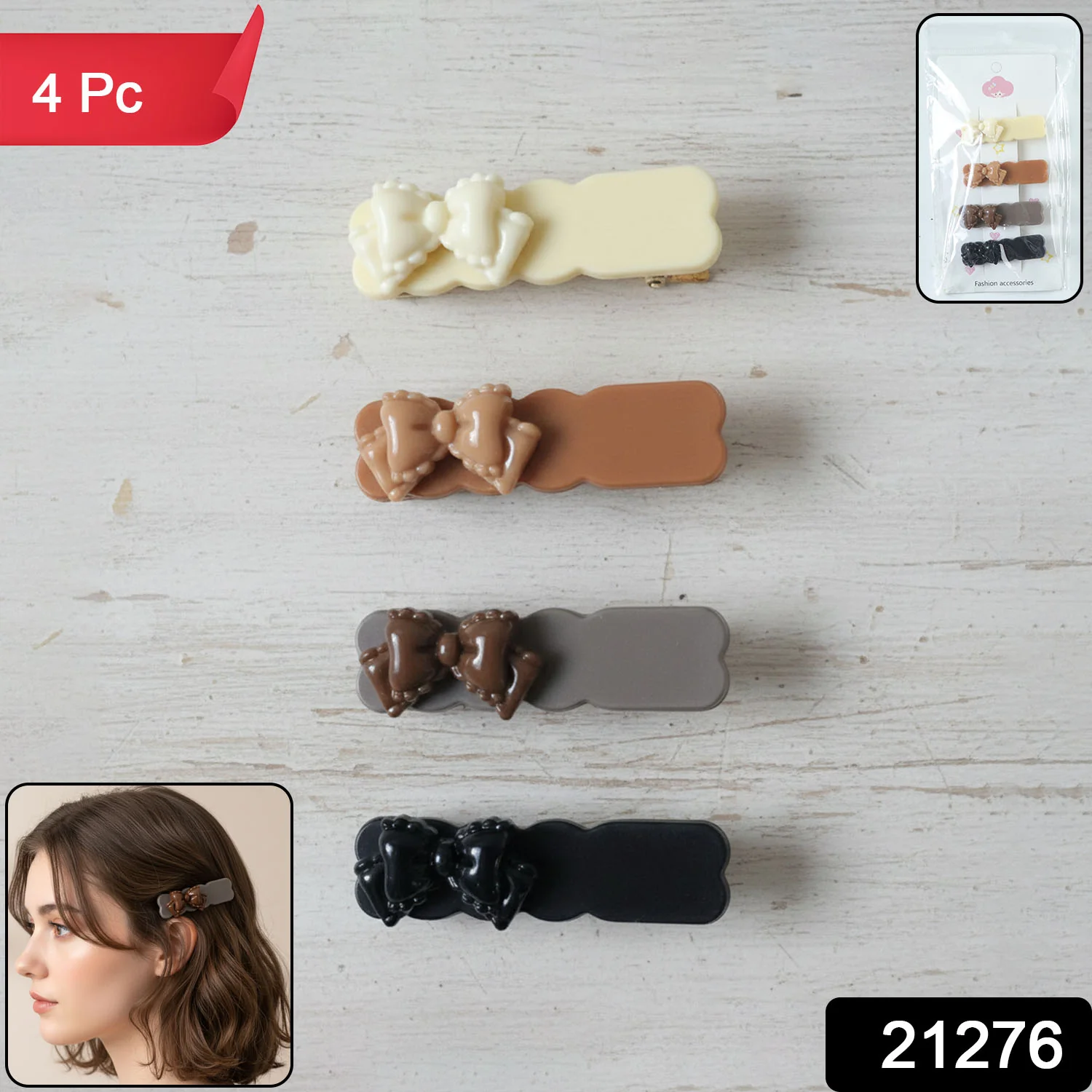 Elegant Bow Design Hair Clips Set (4 Pc) - Image 2