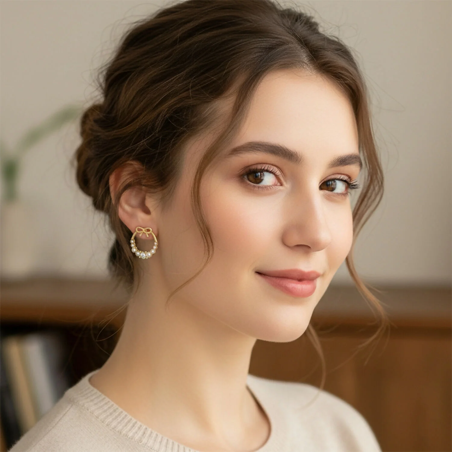 Elegant Bow Pearl Hoop Earrings for Women | Gold Plated Crystal Stud Hoops | Cute Korean Style Fashion Jewelry - Image 2