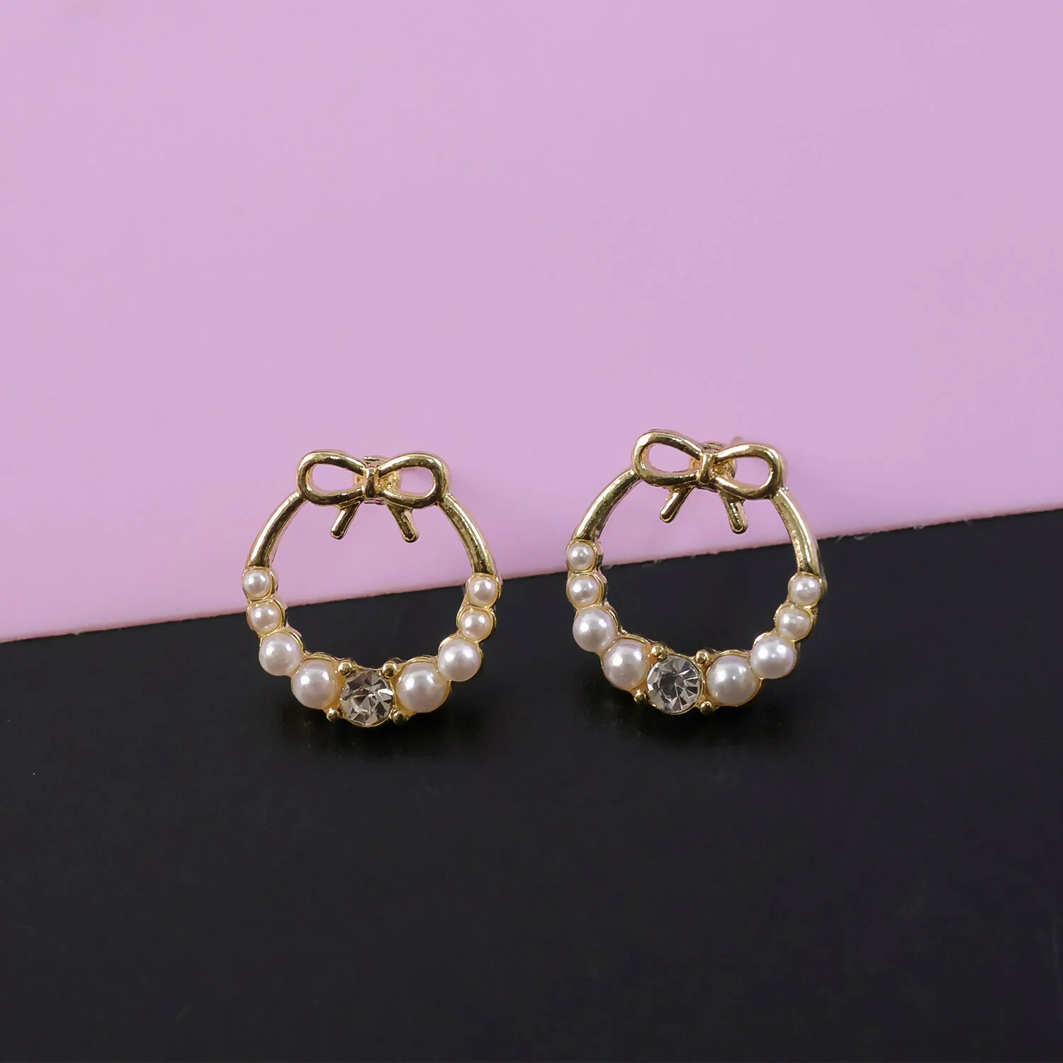 Elegant Bow Pearl Hoop Earrings for Women | Gold Plated Crystal Stud Hoops | Cute Korean Style Fashion Jewelry - Image 3