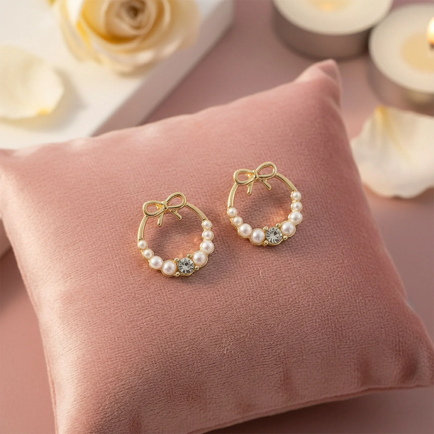 Elegant Bow Pearl Hoop Earrings for Women | Gold Plated Crystal Stud Hoops | Cute Korean Style Fashion Jewelry - Image 4