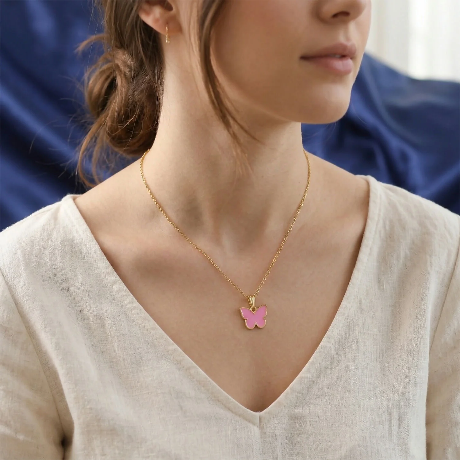 Elegant Butterfly Gold Pendant Necklace with Soft Color Enamel - Image 2