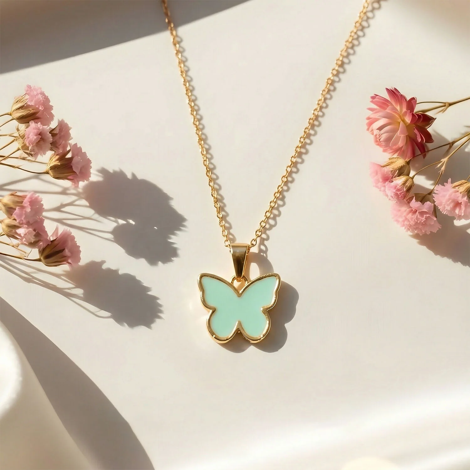 Elegant Butterfly Gold Pendant Necklace with Soft Color Enamel - Image 3