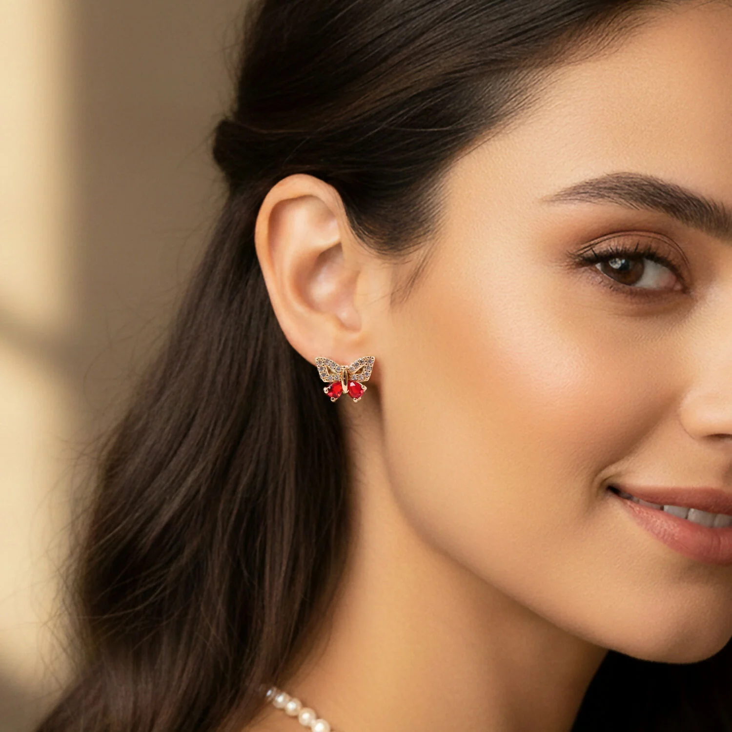 Butterfly Shape CZ Stud Earrings with Red Stone for Women & Girls - Image 2