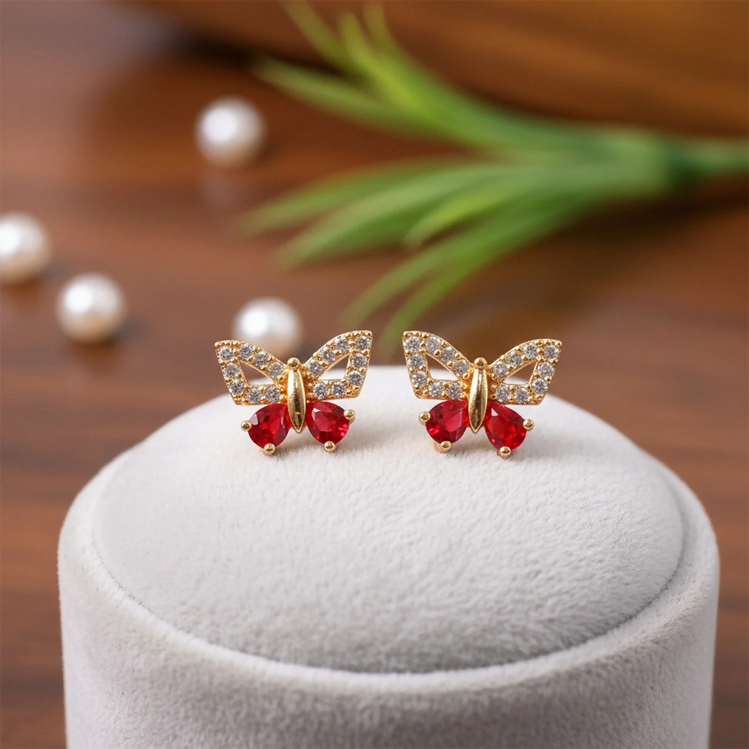 Butterfly Shape CZ Stud Earrings with Red Stone for Women & Girls - Image 3