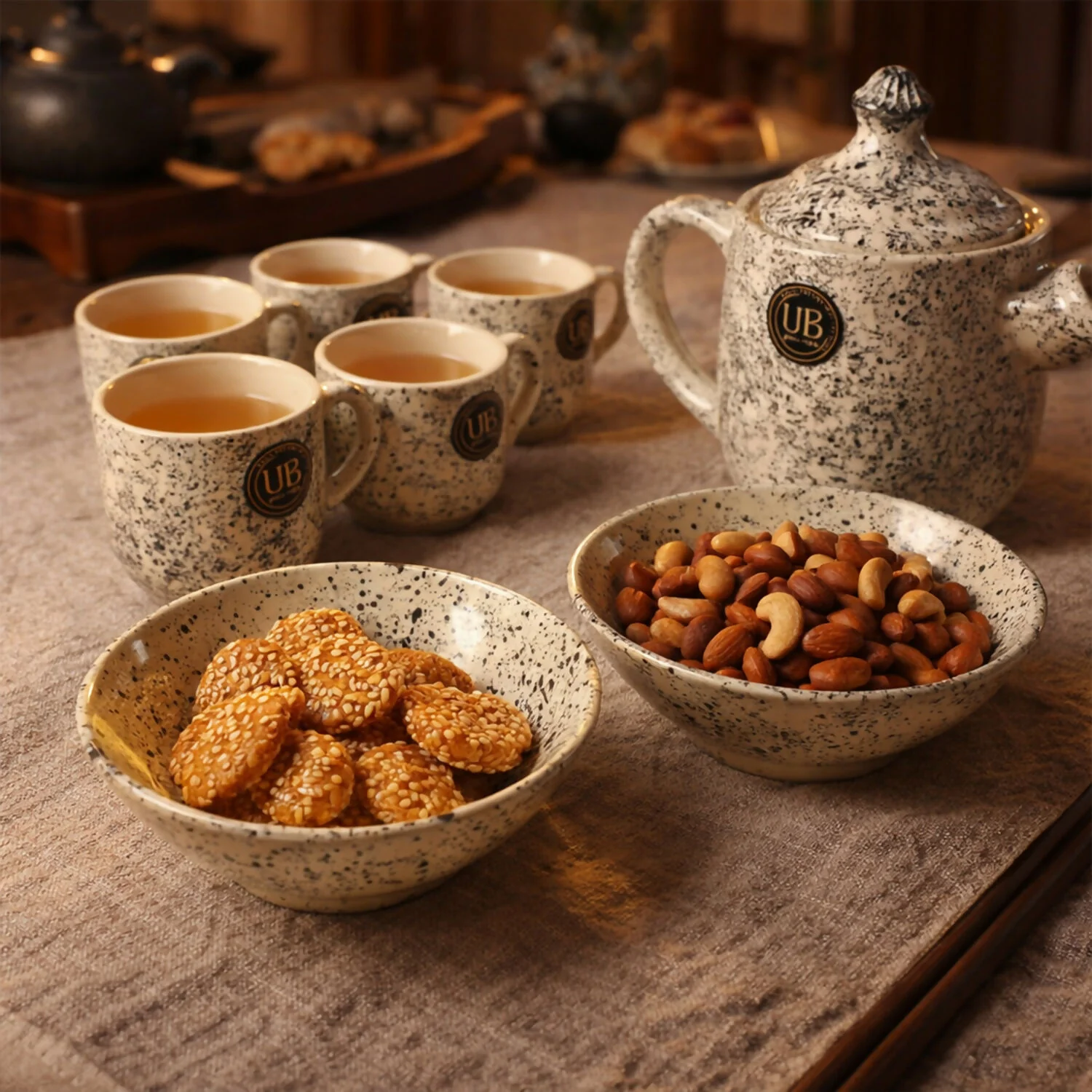 Elegant Ceramic Tea Set with Teapot, 6 Cups and Serving Bowls for Home Dining & Serving - Image 4
