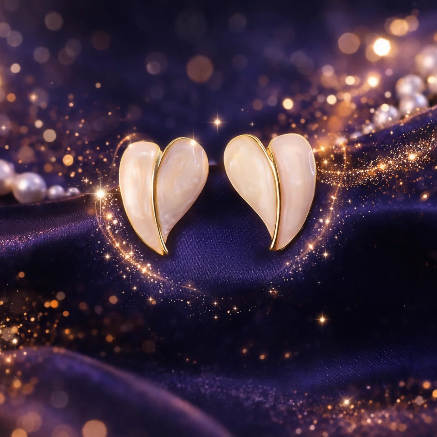 Elegant Cream Glossy Leaf Design Stud Earrings with Gold Finish for Women - Image 2