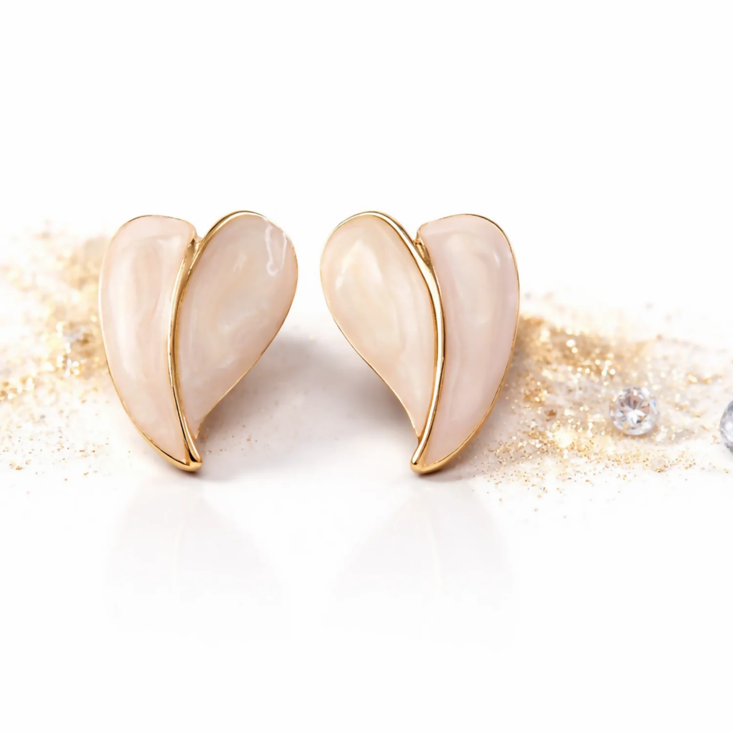 Elegant Cream Glossy Leaf Design Stud Earrings with Gold Finish for Women - Image 4