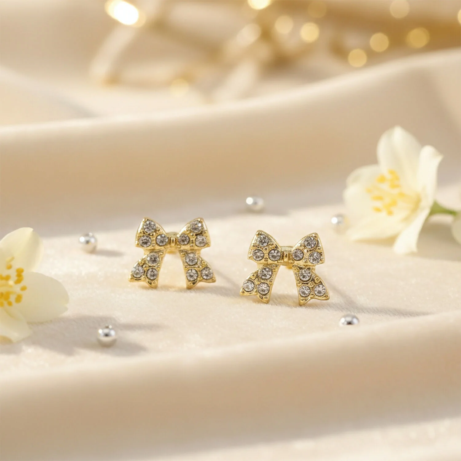 Elegant Crystal Bow Stud Earrings for Women | Gold Plated Rhinestone Ribbon Earrings | Cute Korean Style Party & Daily Wear - Image 2