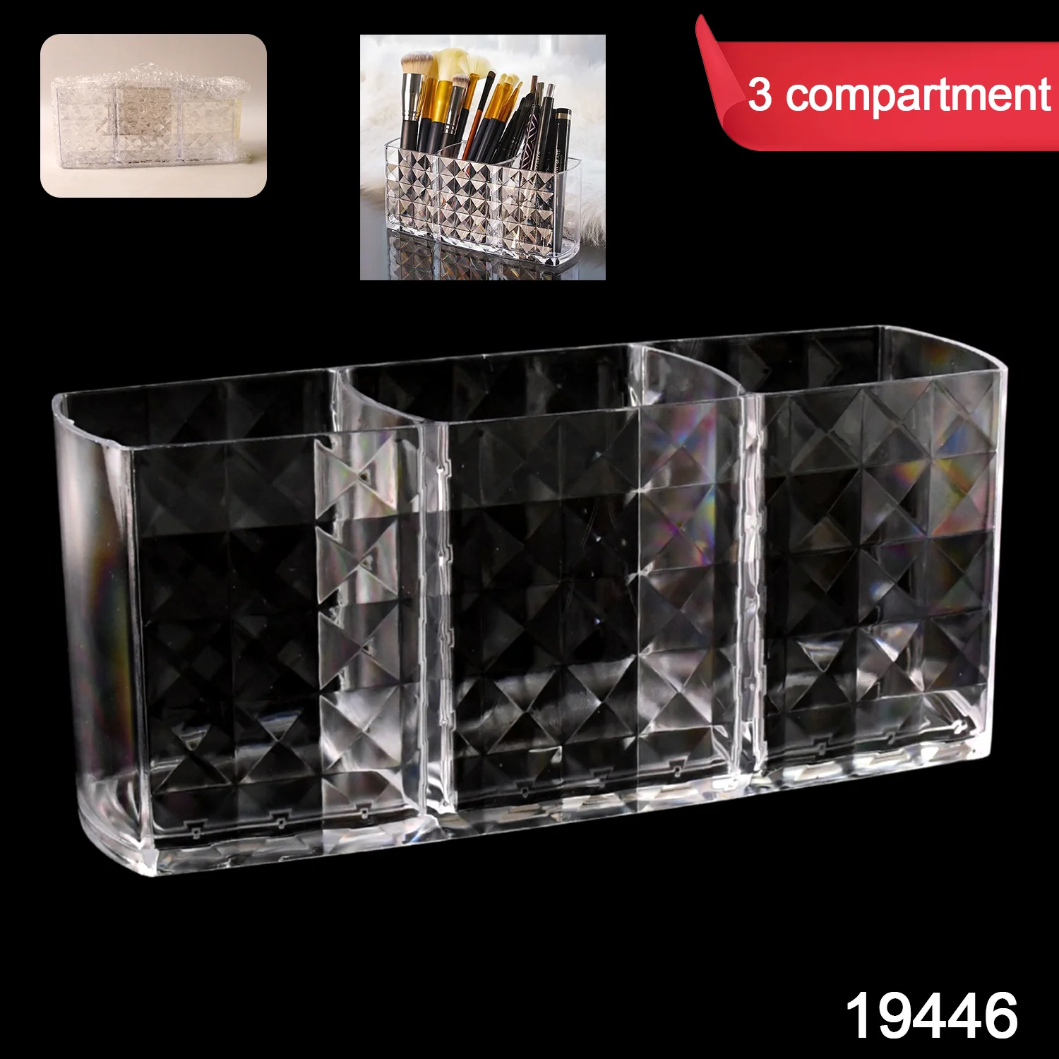Elegant Crystal-Effect 3-Compartment Acrylic Makeup Brush Holder (1 Pc) - Image 2