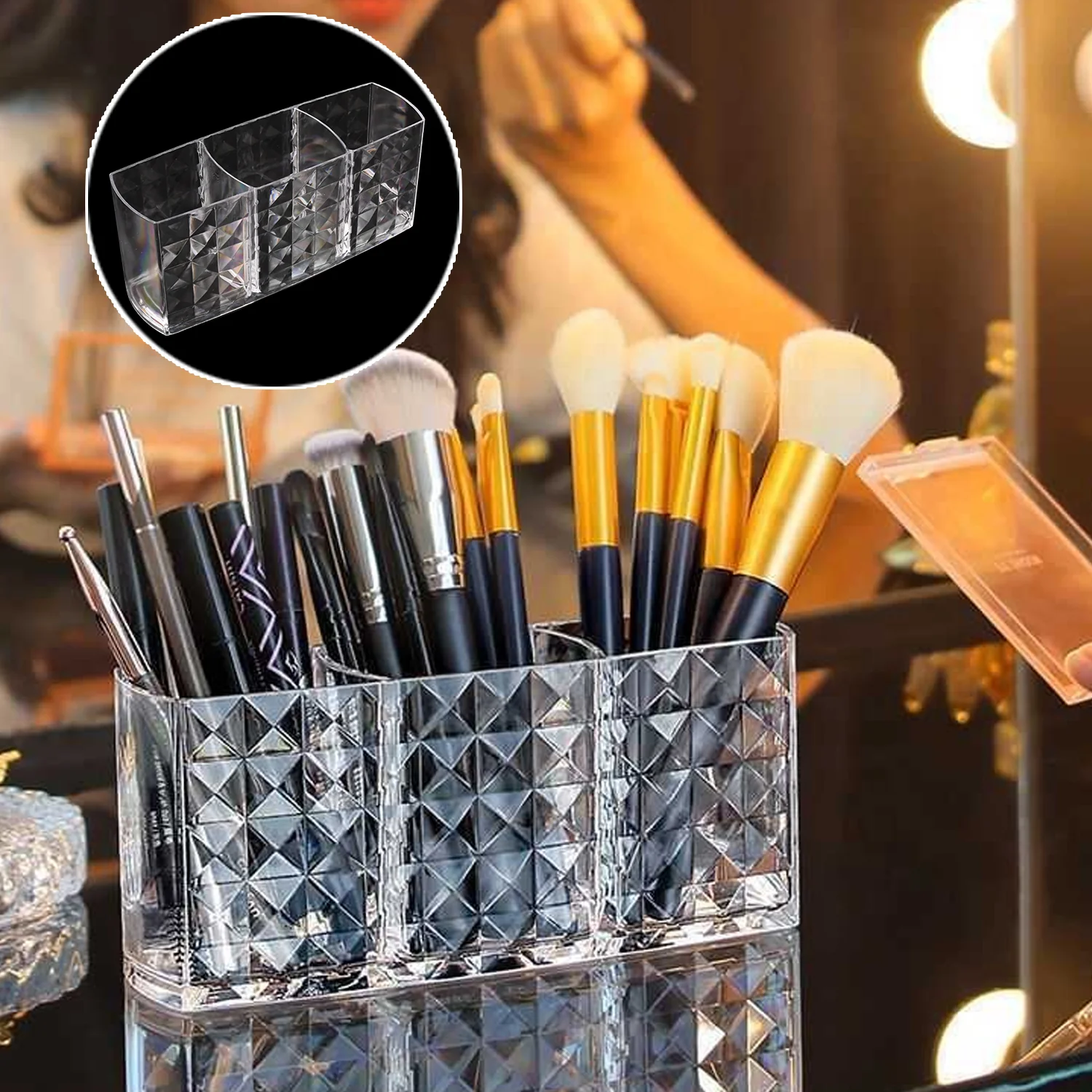 Elegant Crystal-Effect 3-Compartment Acrylic Makeup Brush Holder (1 Pc) - Image 3