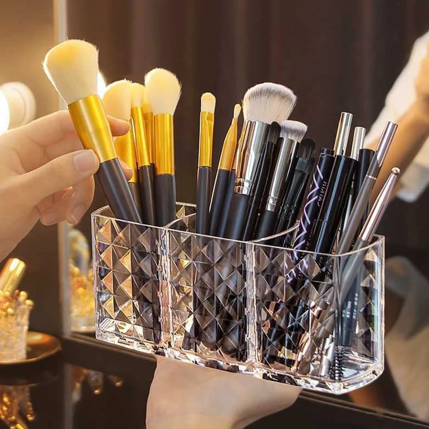 Elegant Crystal-Effect 3-Compartment Acrylic Makeup Brush Holder (1 Pc) - Image 4