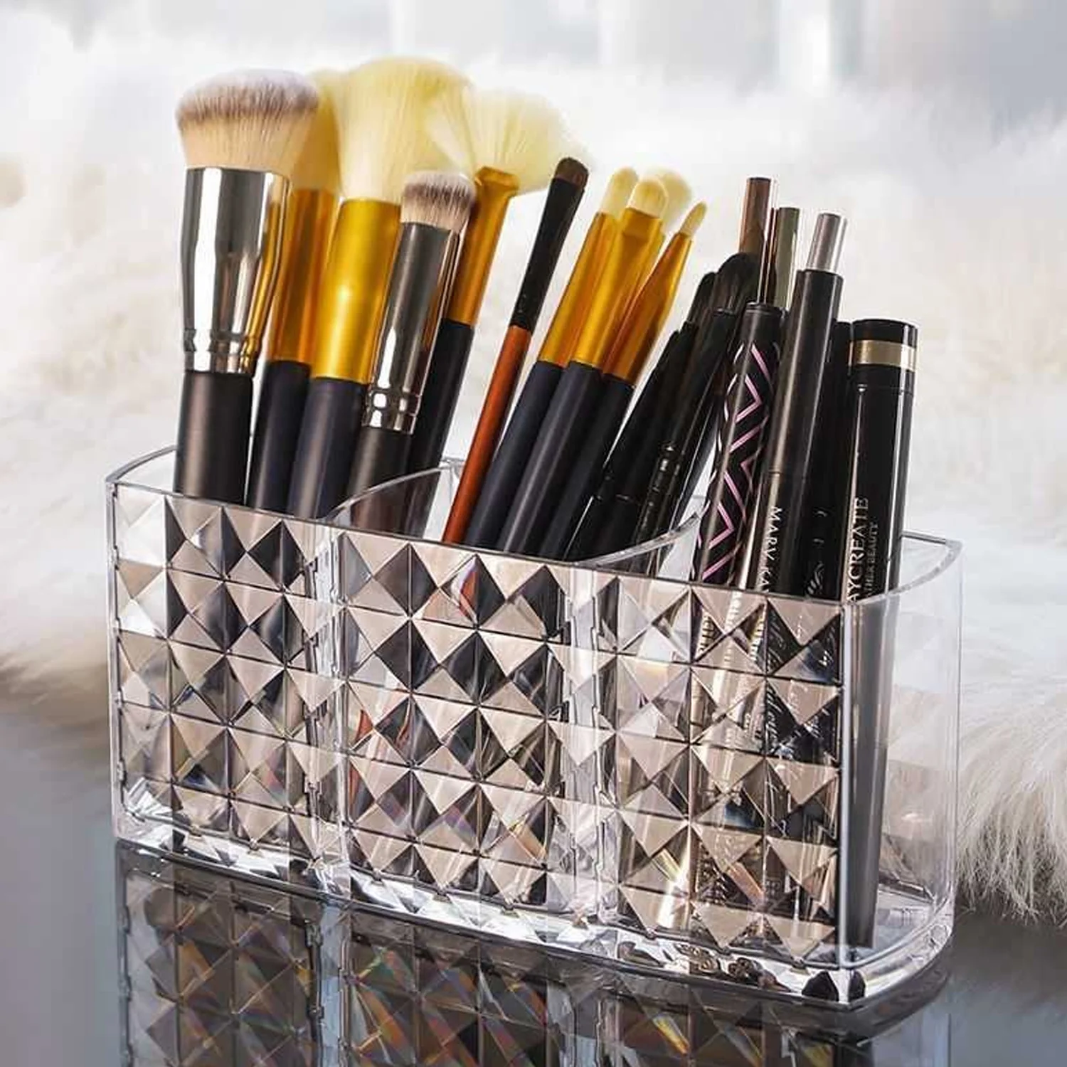 Elegant Crystal-Effect 3-Compartment Acrylic Makeup Brush Holder (1 Pc) - Image 6