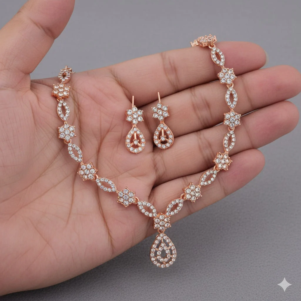 Elegant Crystal & Enamel Floral Link Necklace Set with Pearl Drop (Multiple Colors) - Image 3