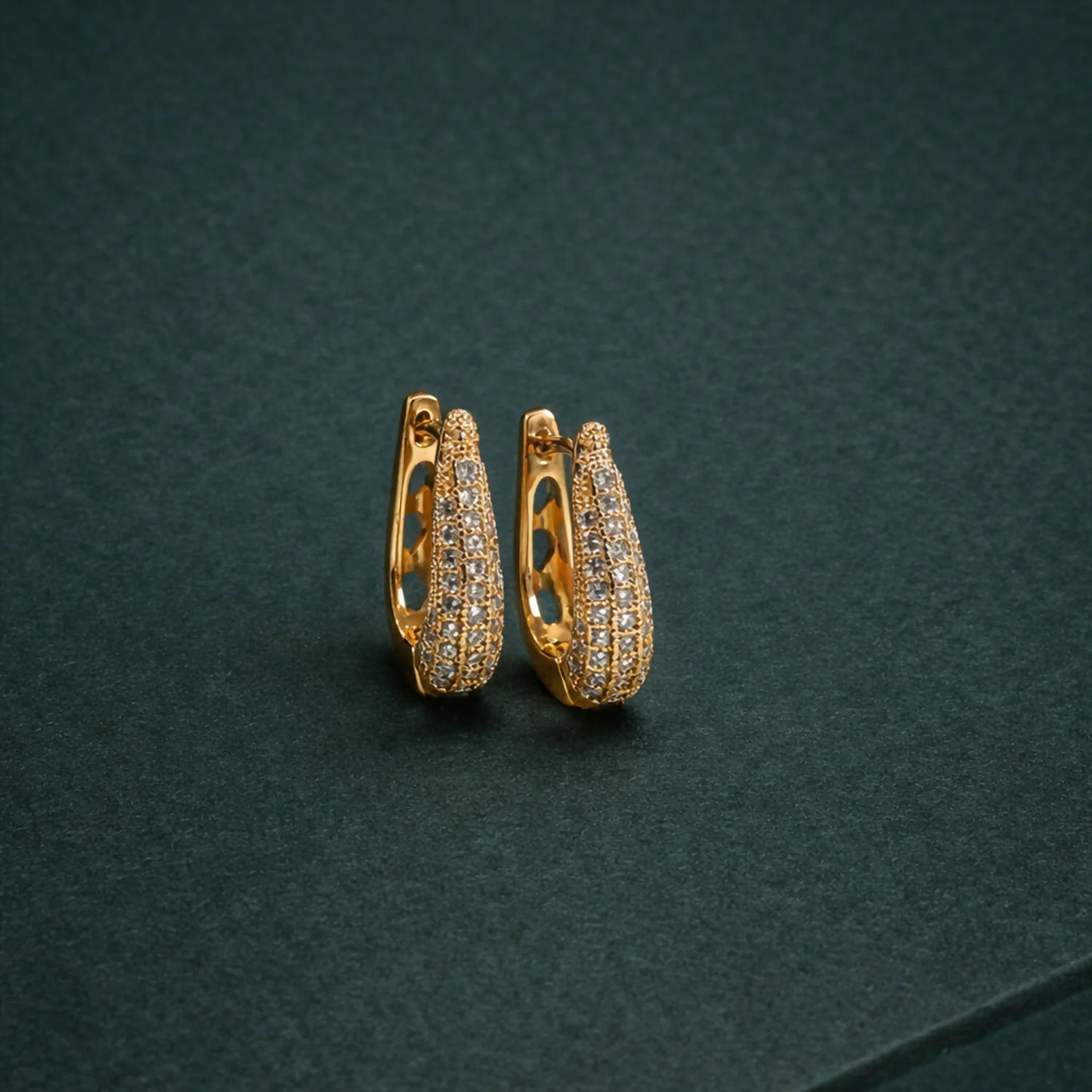 Elegant Curved Pavé Crystal Huggie Earrings in Gold Finish - Image 3