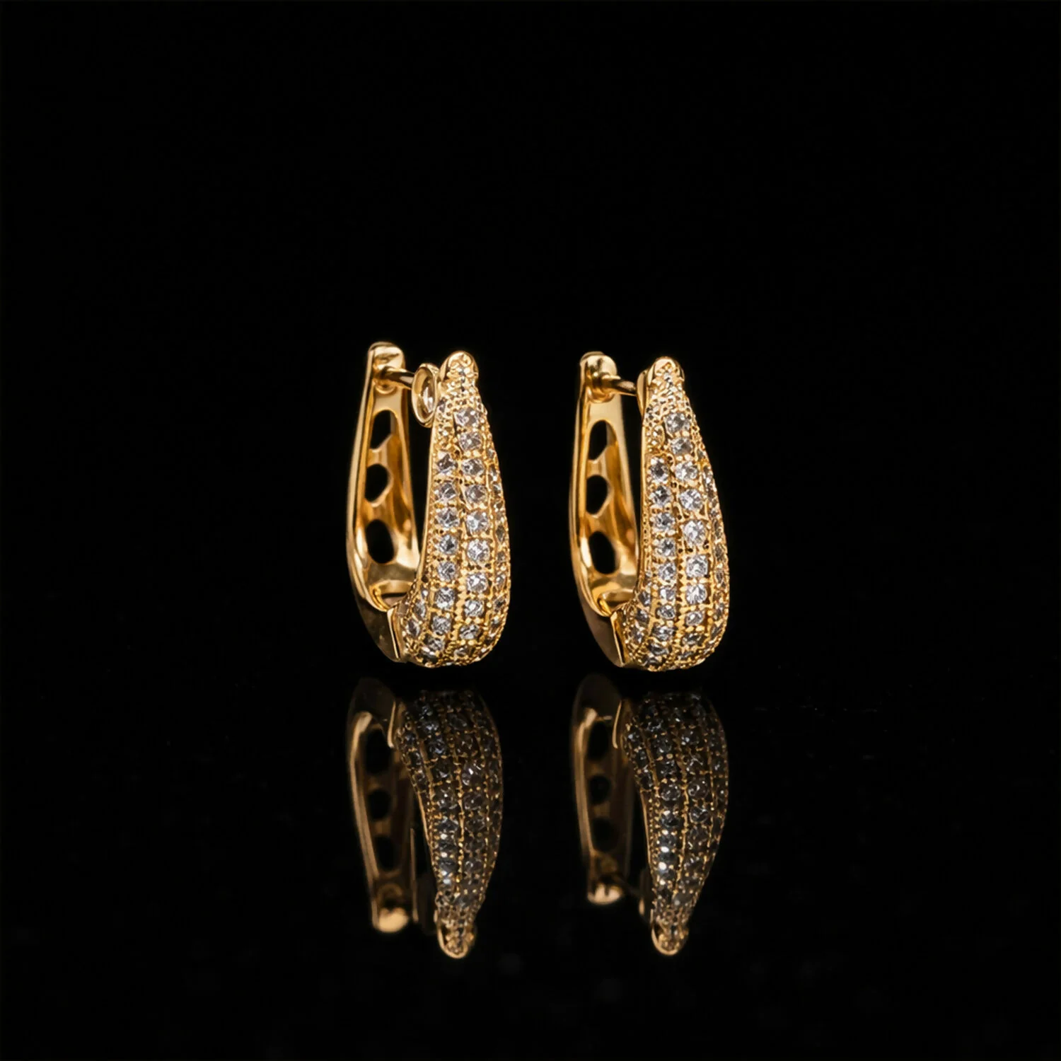 Elegant Curved Pavé Crystal Huggie Earrings in Gold Finish - Image 4