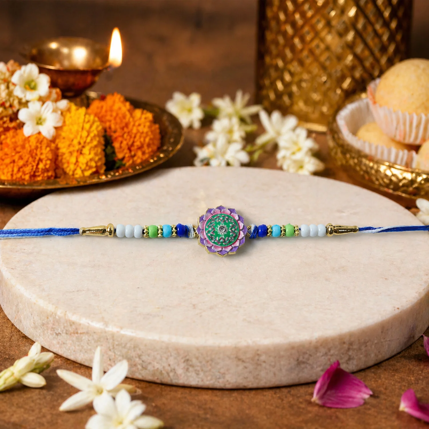 Elegant Designer Rakhi with Floral Stone (1 Pc) - Image 3