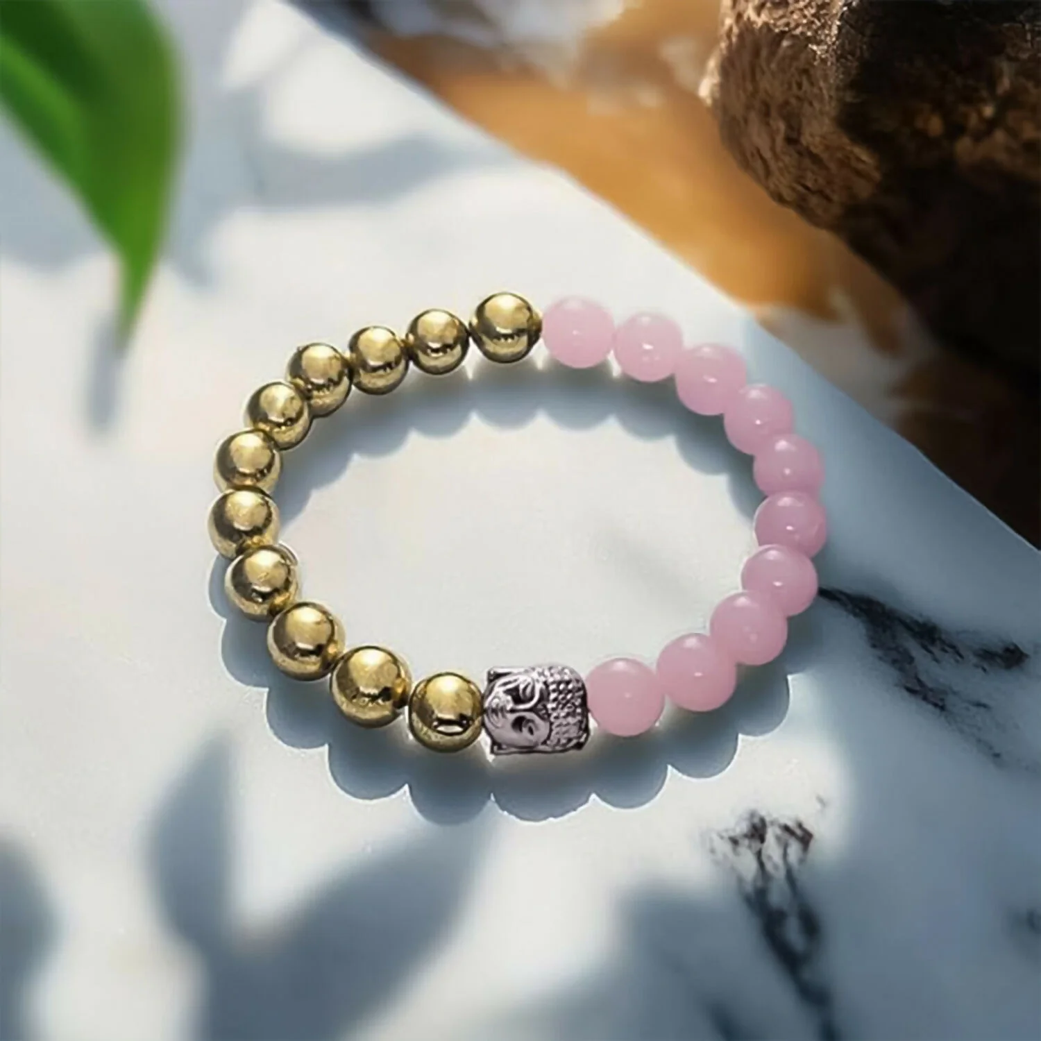 Elegant Dual-Tone Pink & Gold Beaded Bracelet in Display Case - Image 2