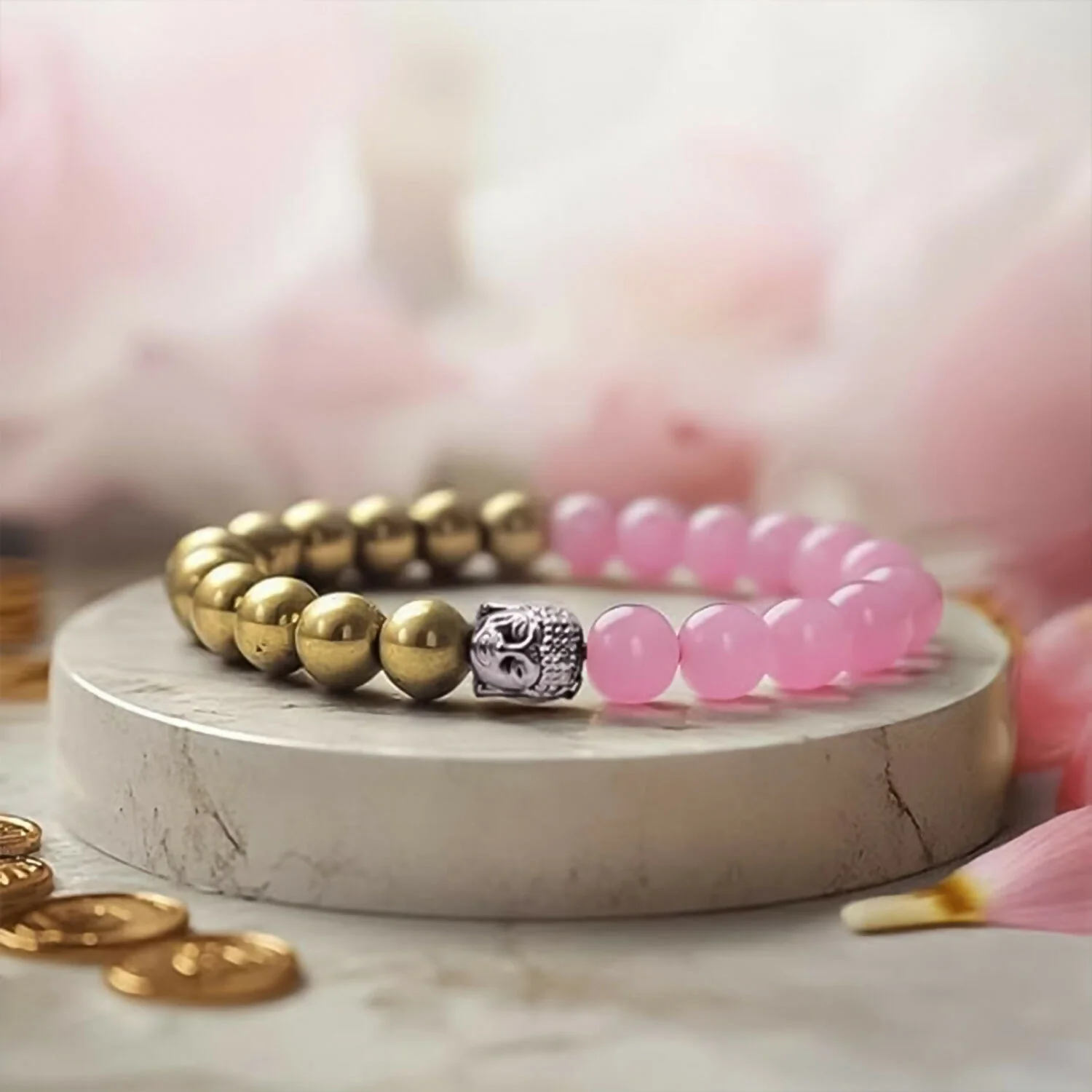 Elegant Dual-Tone Pink & Gold Beaded Bracelet in Display Case - Image 3