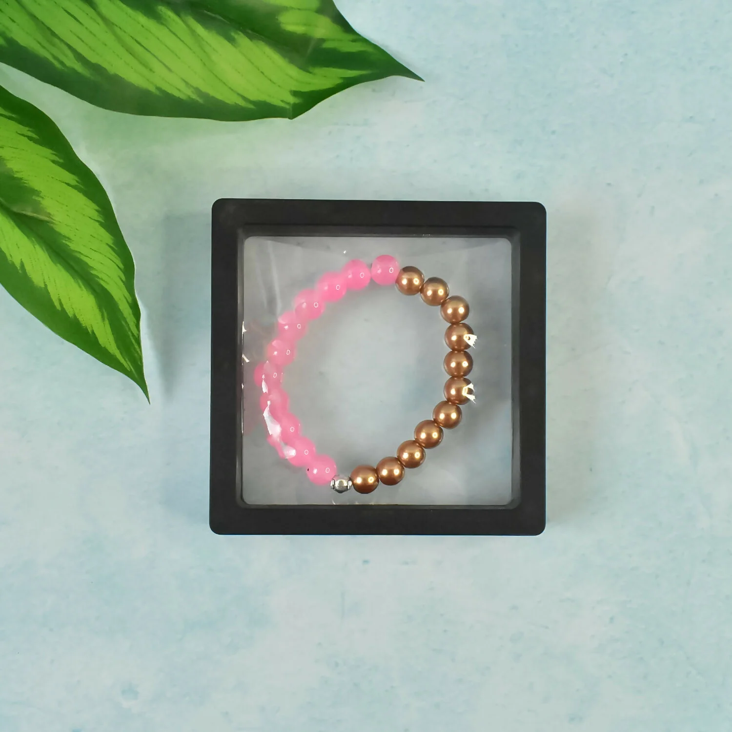 Elegant Dual-Tone Pink & Gold Beaded Bracelet in Display Case - Image 4