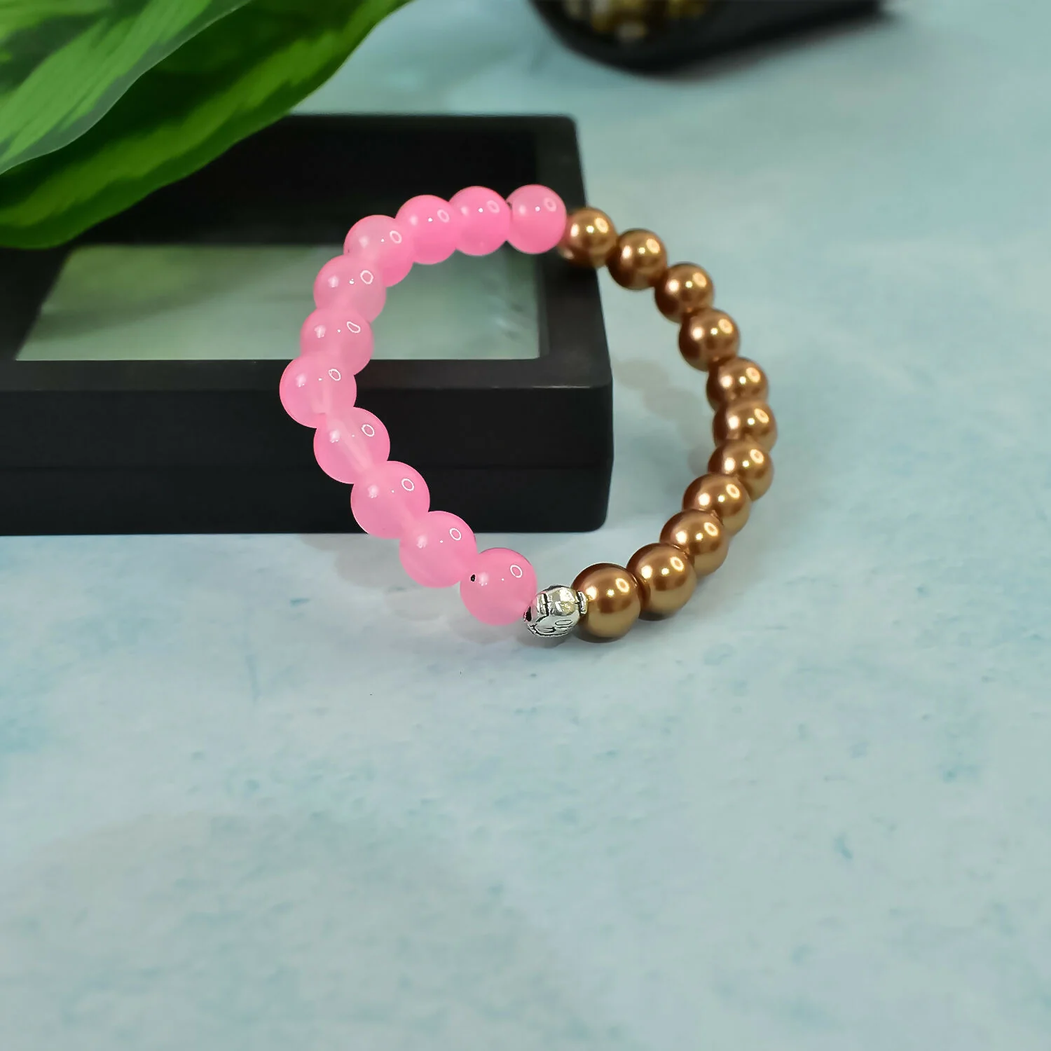 Elegant Dual-Tone Pink & Gold Beaded Bracelet in Display Case - Image 5