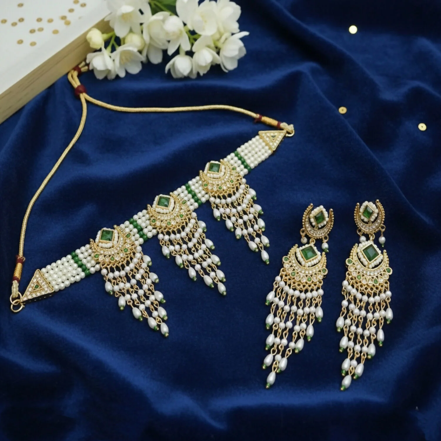 Elegant Emerald & Pearl Choker Necklace Set with Chandbali Jhumka Earrings - Image 2