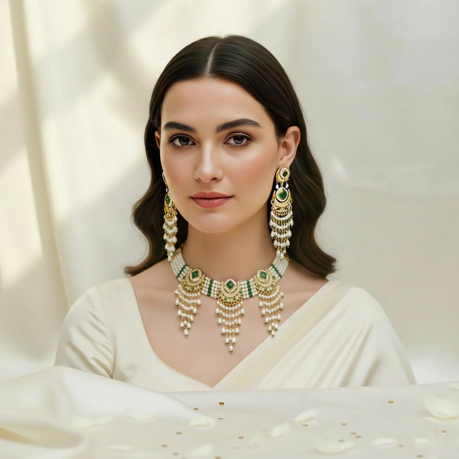 Elegant Emerald & Pearl Choker Necklace Set with Chandbali Jhumka Earrings - Image 3