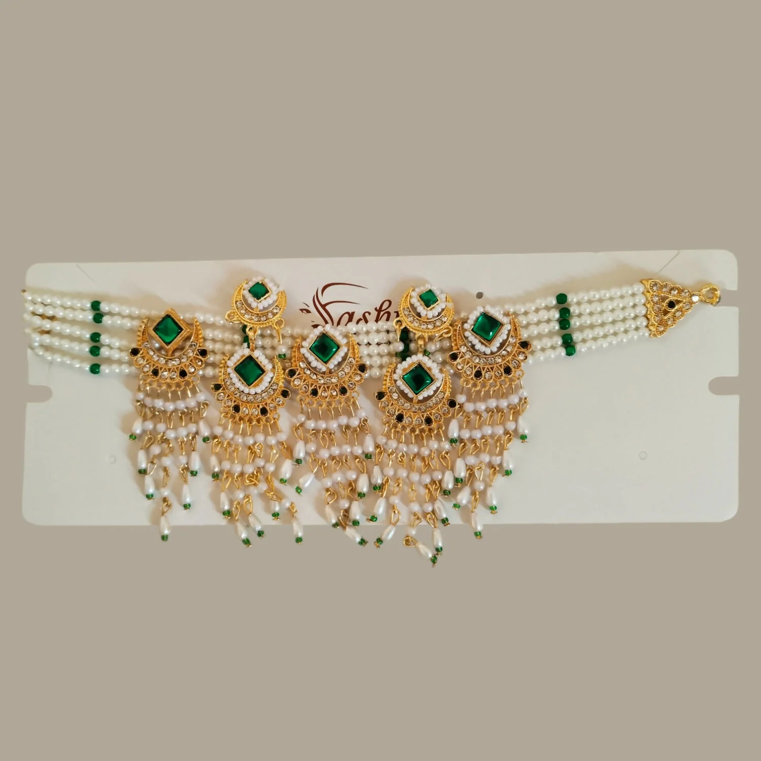 Elegant Emerald & Pearl Choker Necklace Set with Chandbali Jhumka Earrings - Image 4
