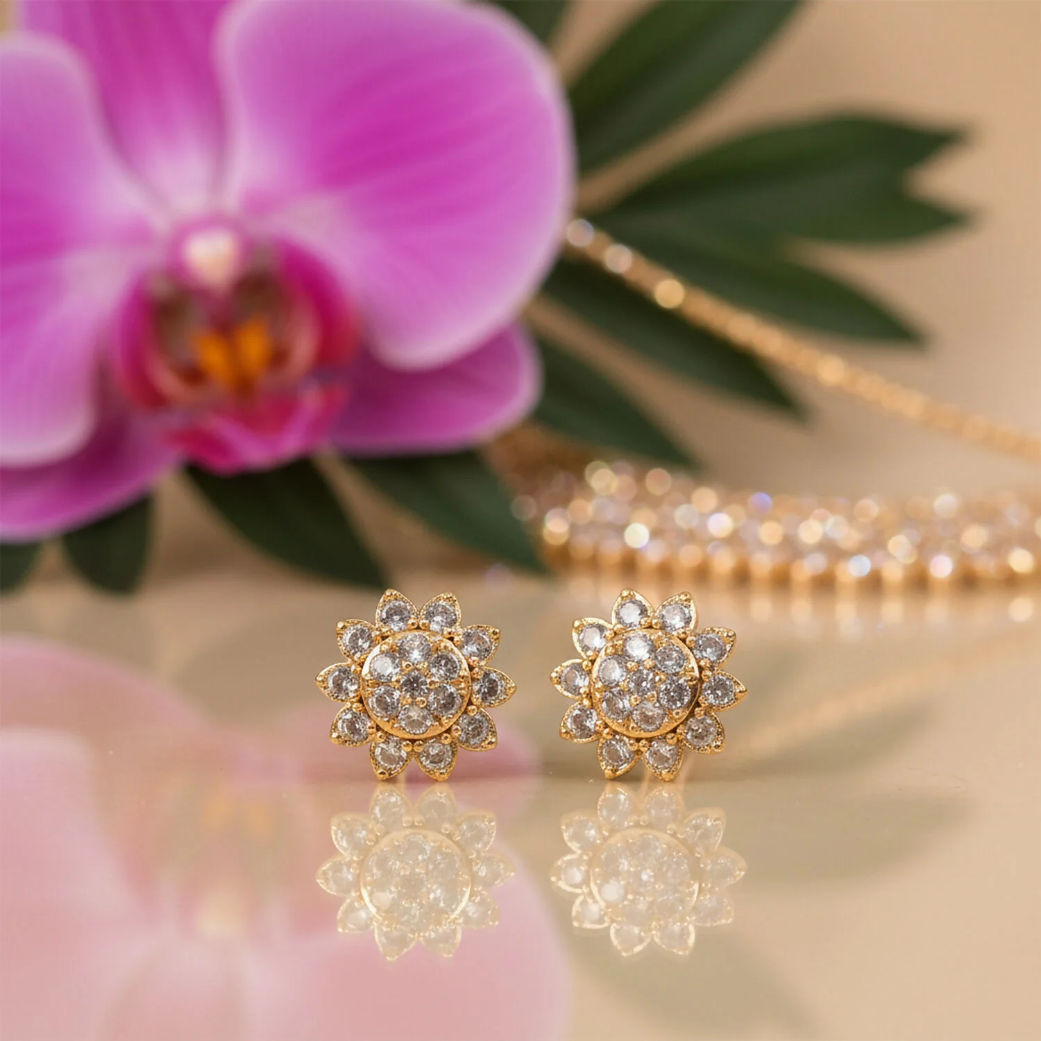 Elegant Floral CZ Stud Earrings with Gold Tone Finish for Daily & Party Wear Women - Image 3