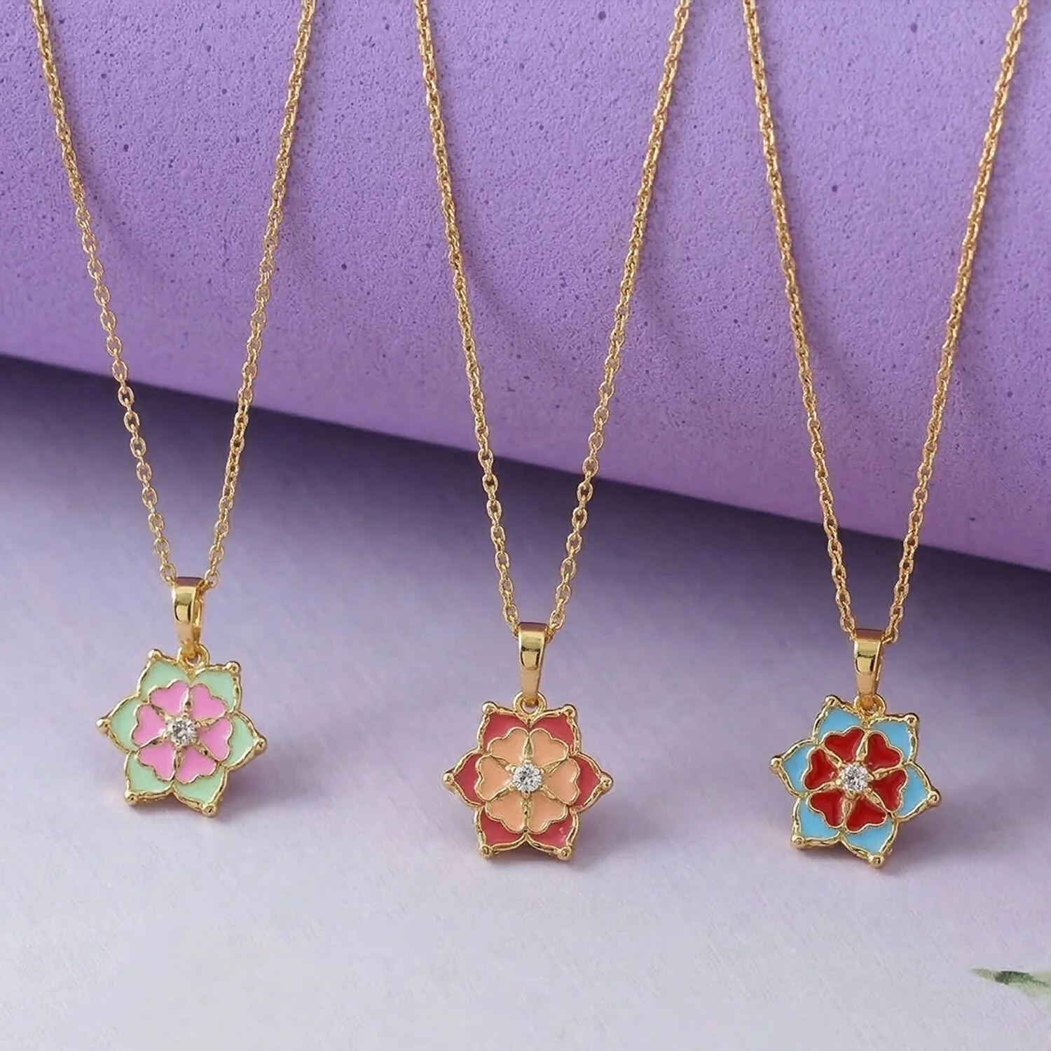 Elegant Floral Gold Pendant Necklaces with Colorful Enamel Design Combo set - Image 2